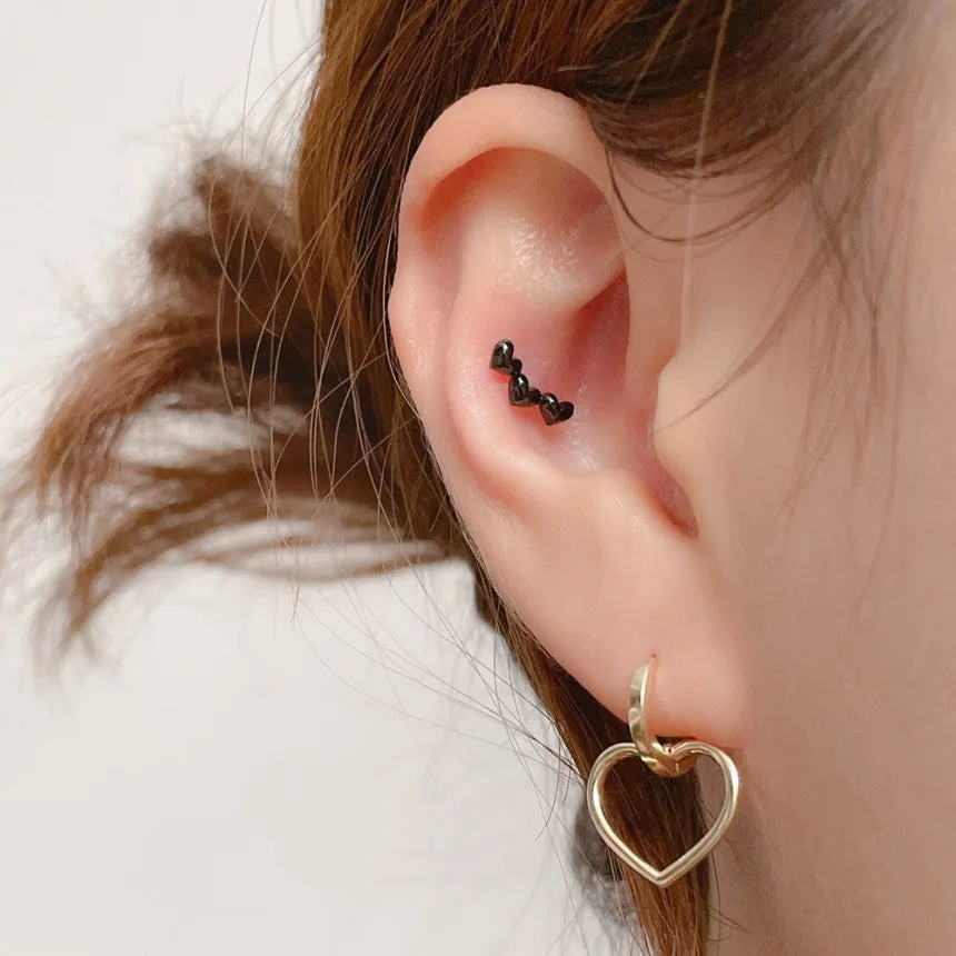 14K 18K Solid Gold Black Tattoo Triple Heart Cartilage Helix Conch  Barbell Piercing Earring Stud