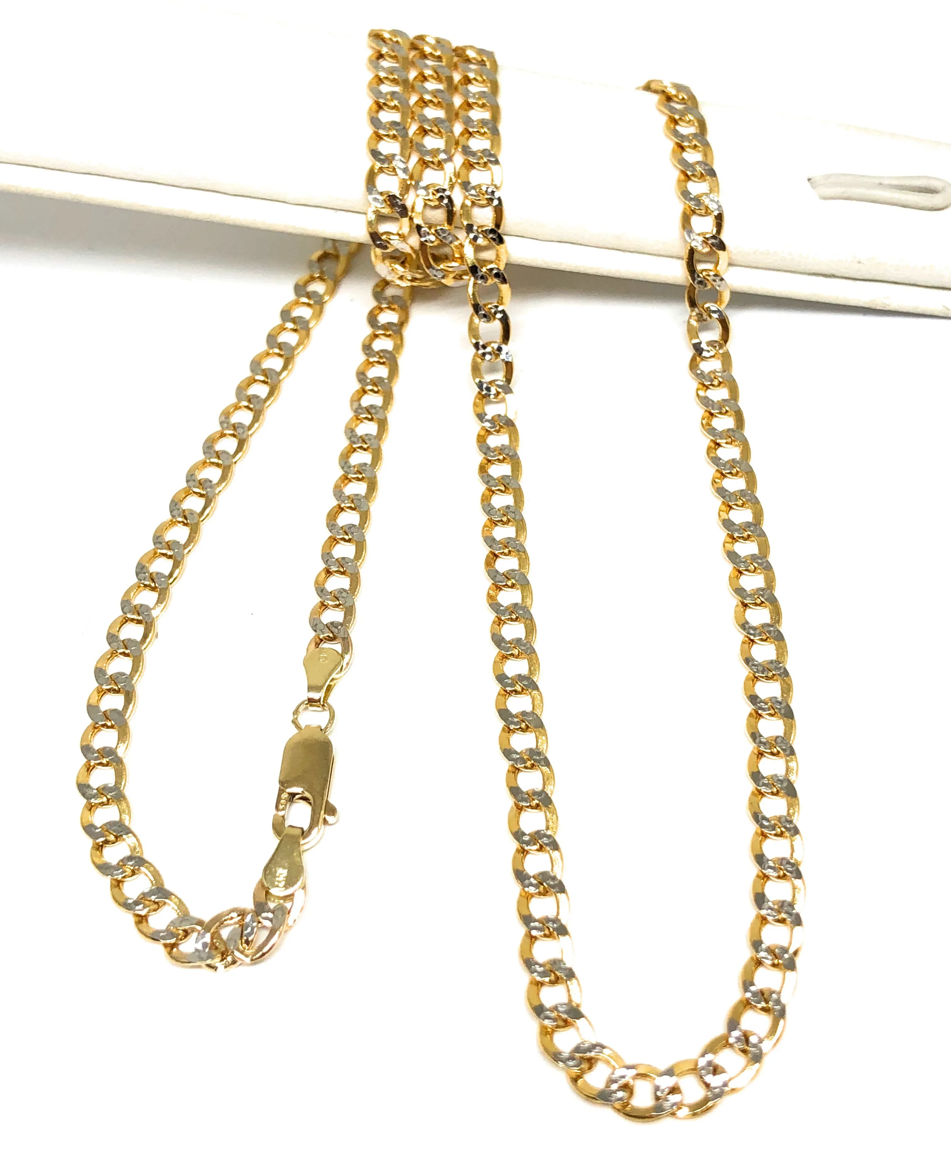 14k Solid Gold Yellow Cuban Link Diamond Cut (White Gold) Chain 16-26 inches 3.5 - 4.5mm Width (Semi-Hollow Style)