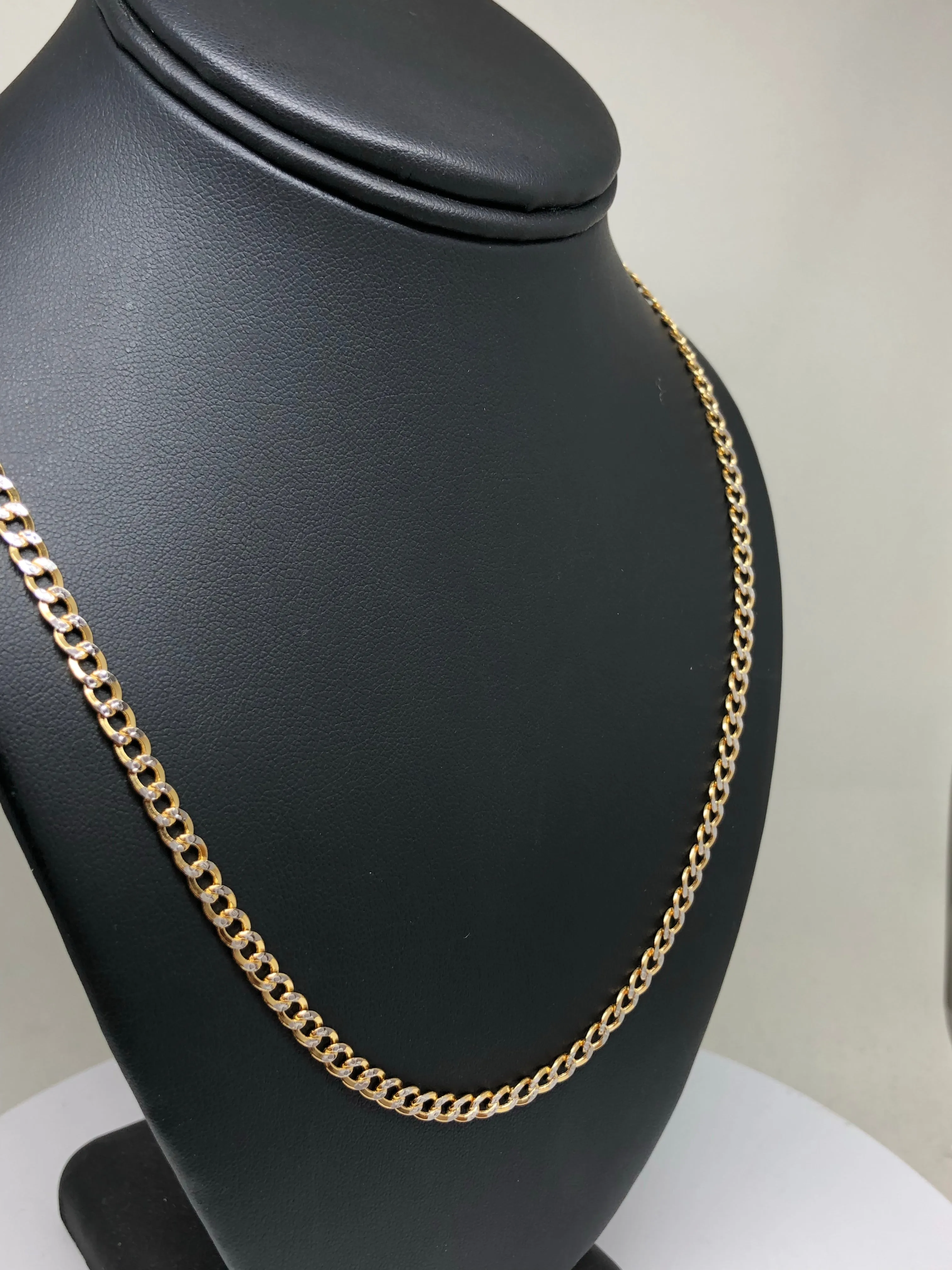 14k Solid Gold Yellow Cuban Link Diamond Cut (White Gold) Chain 16-26 inches 3.5 - 4.5mm Width (Semi-Hollow Style)