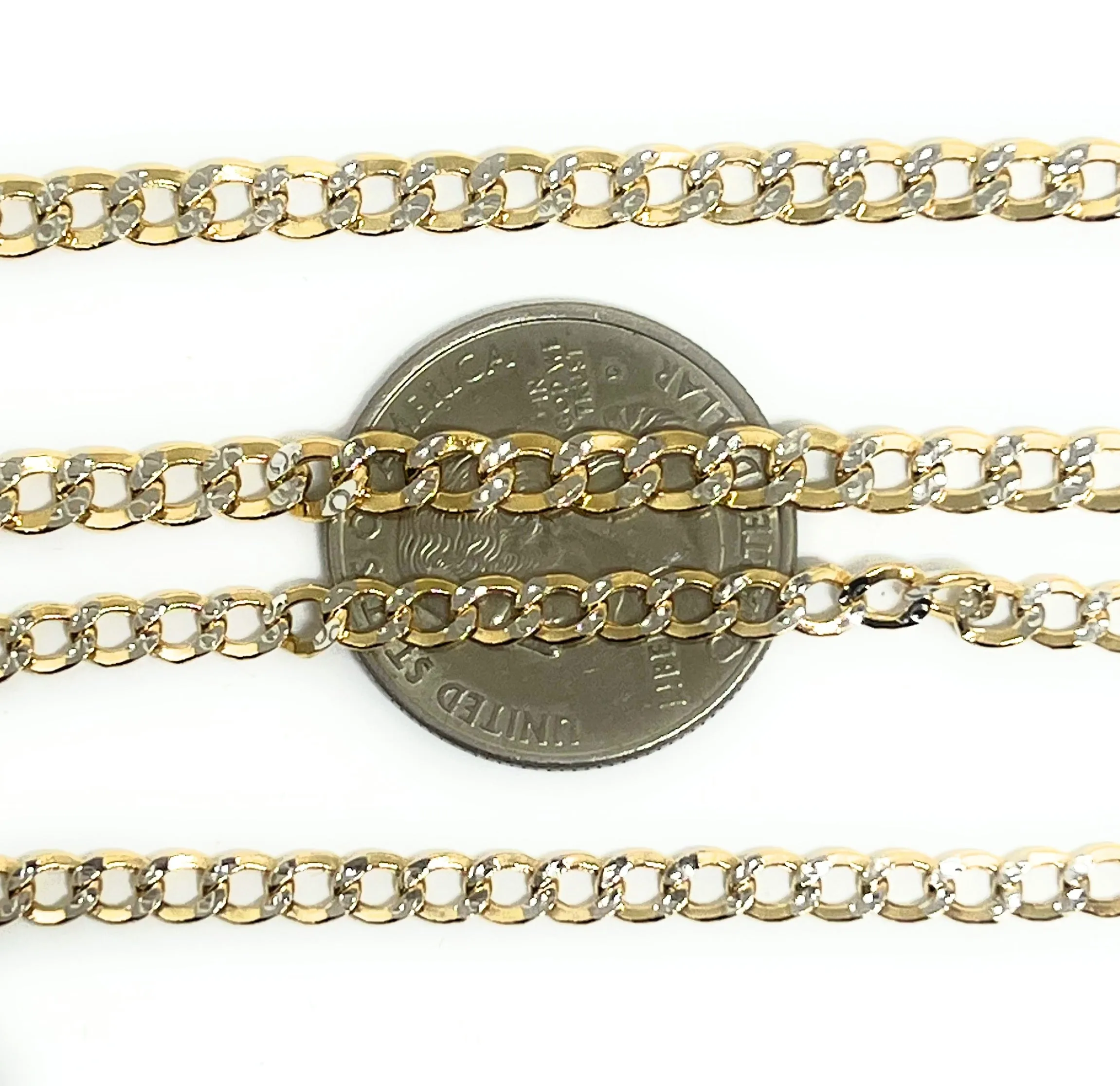 14k Solid Gold Yellow Cuban Link Diamond Cut (White Gold) Chain 16-26 inches 3.5 - 4.5mm Width (Semi-Hollow Style)