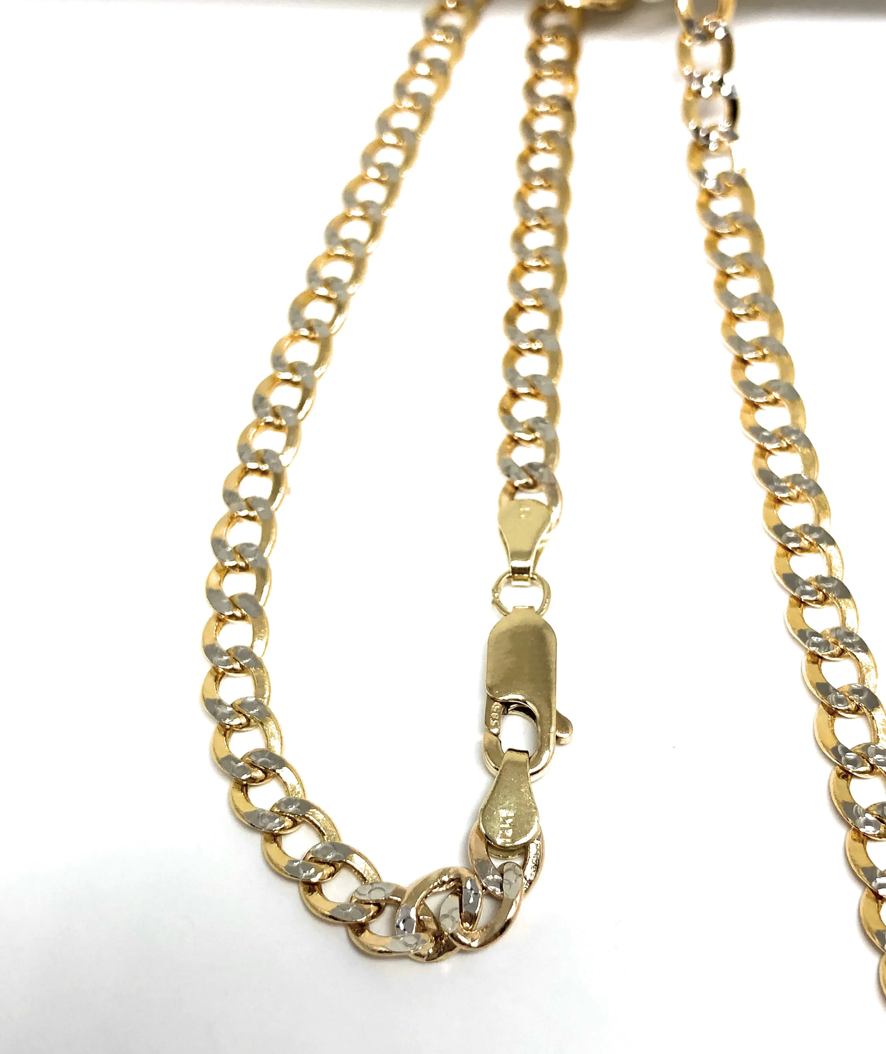 14k Solid Gold Yellow Cuban Link Diamond Cut (White Gold) Chain 16-26 inches 3.5 - 4.5mm Width (Semi-Hollow Style)