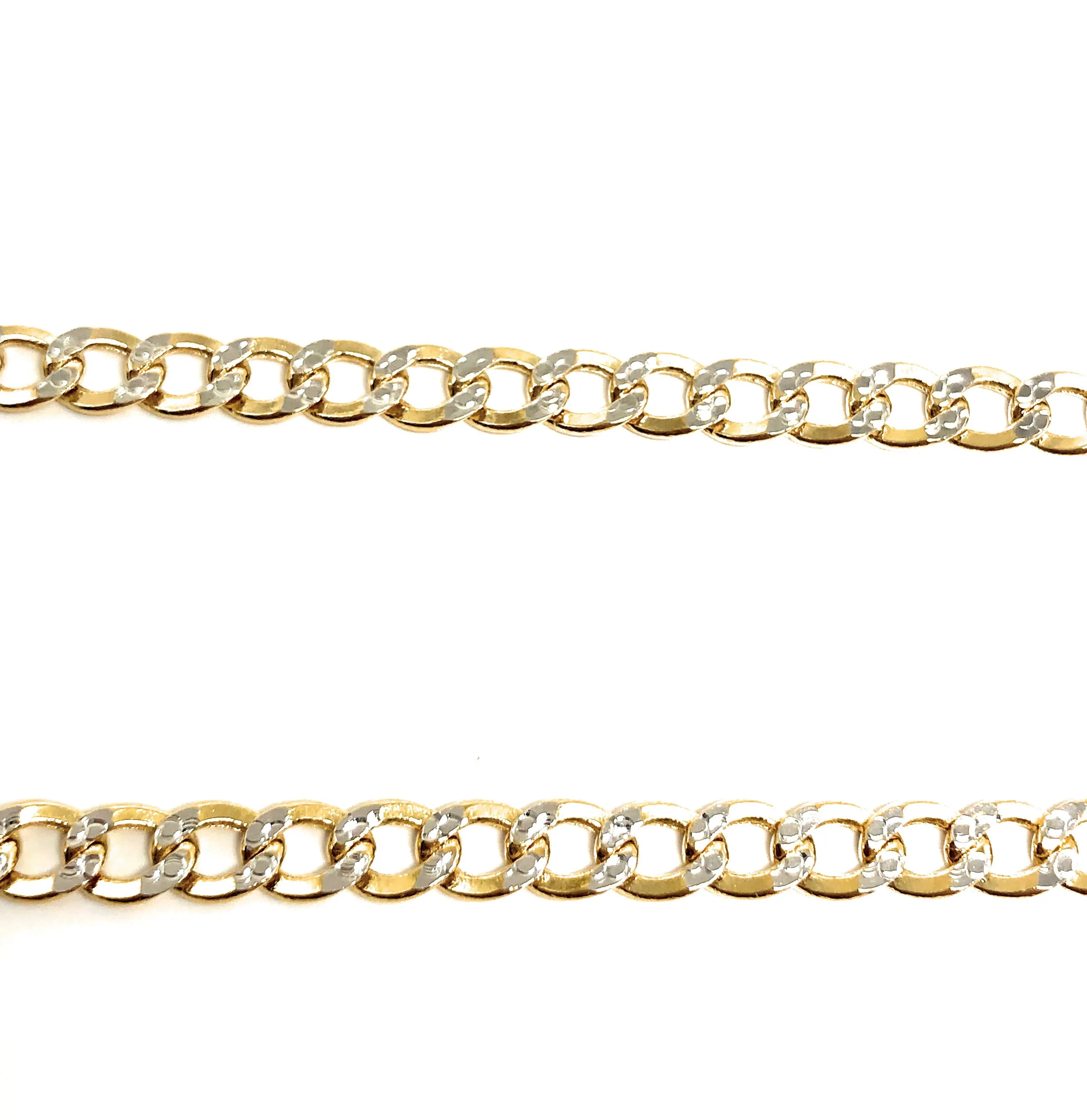 14k Solid Gold Yellow Cuban Link Diamond Cut (White Gold) Chain 16-26 inches 3.5 - 4.5mm Width (Semi-Hollow Style)