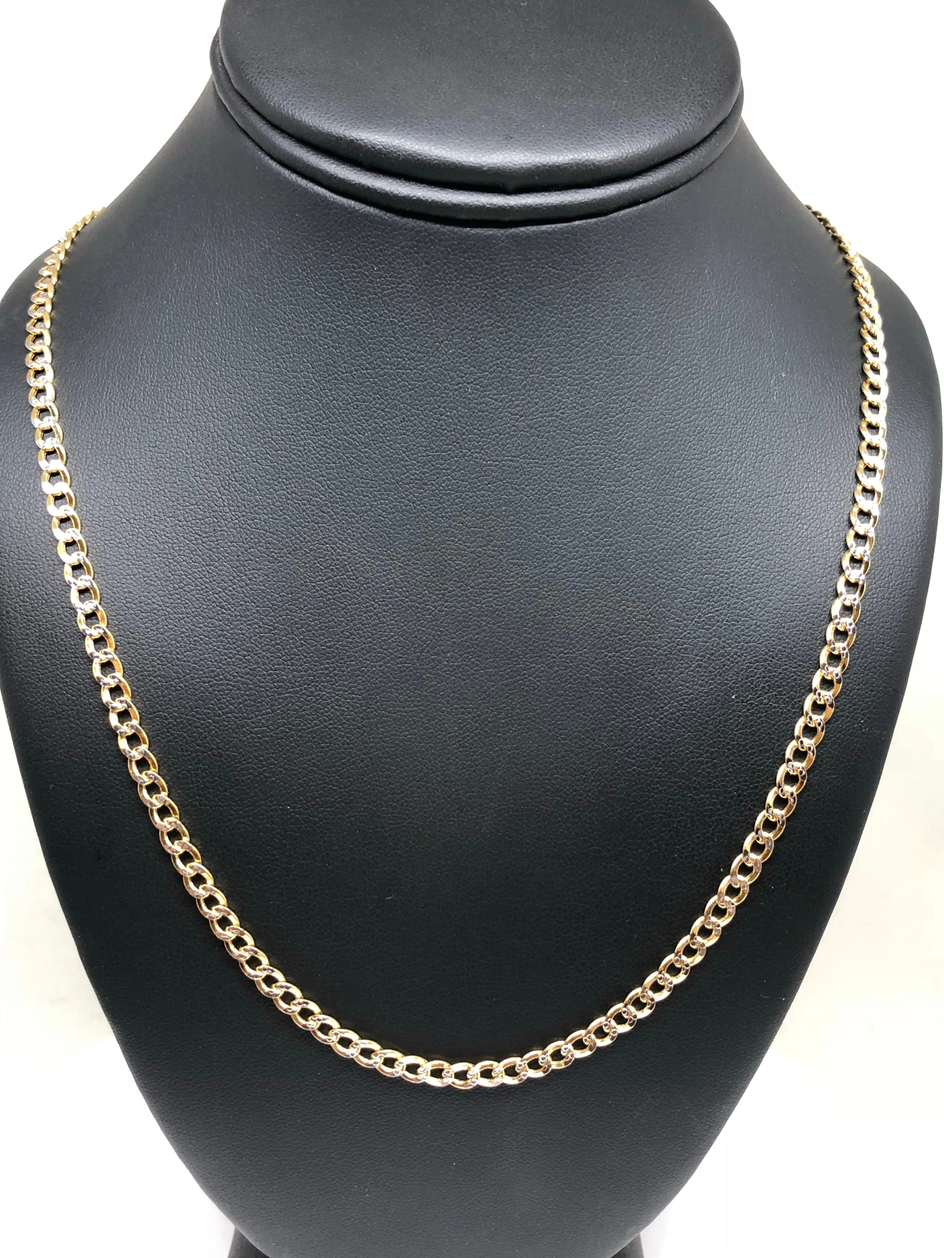 14k Solid Gold Yellow Cuban Link Diamond Cut (White Gold) Chain 16-26 inches 3.5 - 4.5mm Width (Semi-Hollow Style)