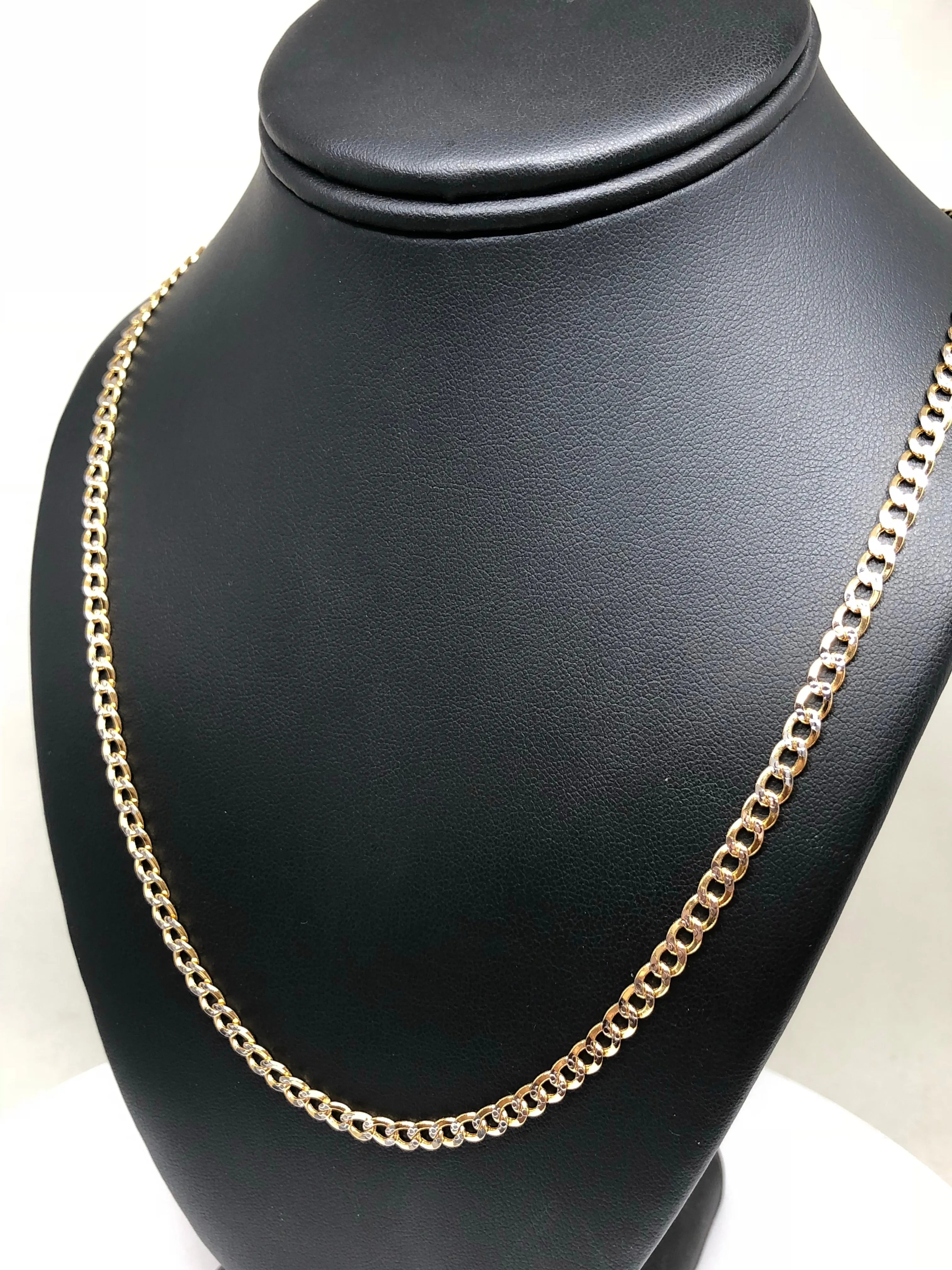 14k Solid Gold Yellow Cuban Link Diamond Cut (White Gold) Chain 16-26 inches 3.5 - 4.5mm Width (Semi-Hollow Style)