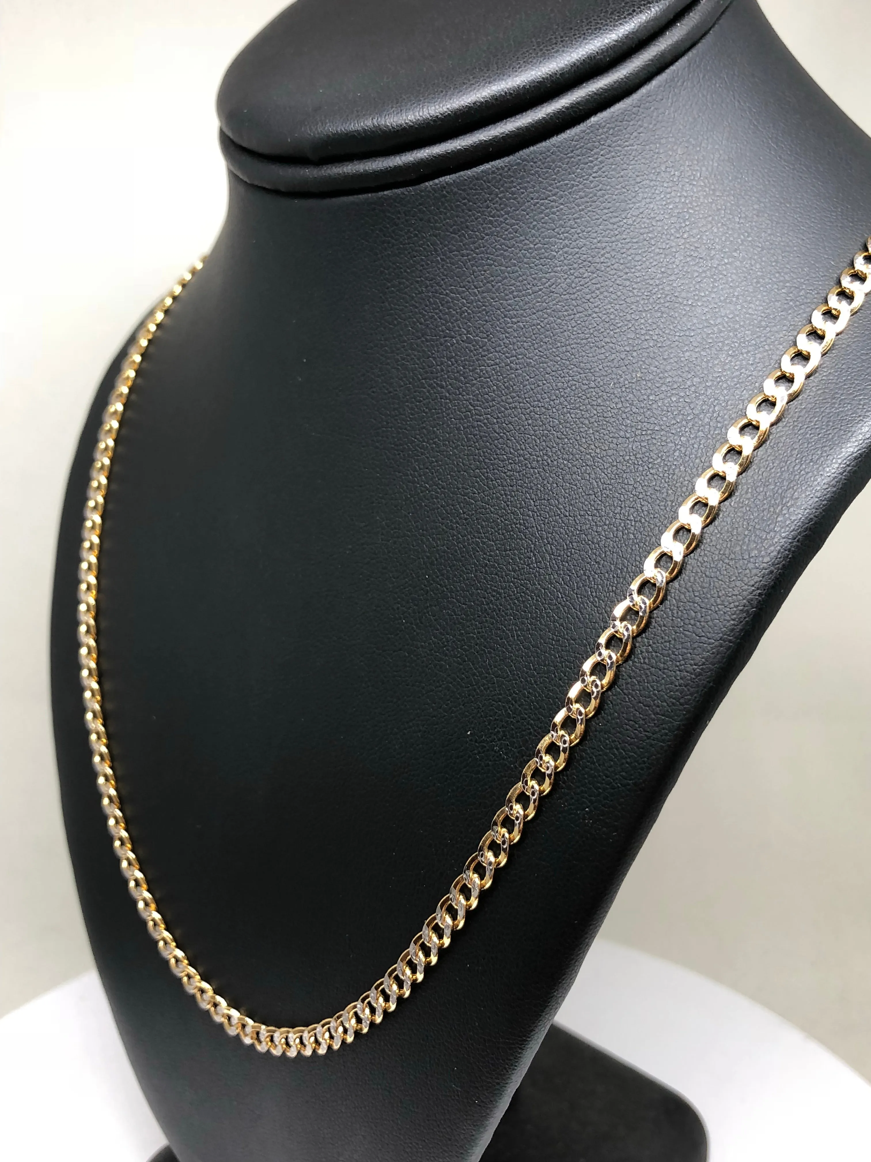 14k Solid Gold Yellow Cuban Link Diamond Cut (White Gold) Chain 16-26 inches 3.5 - 4.5mm Width (Semi-Hollow Style)