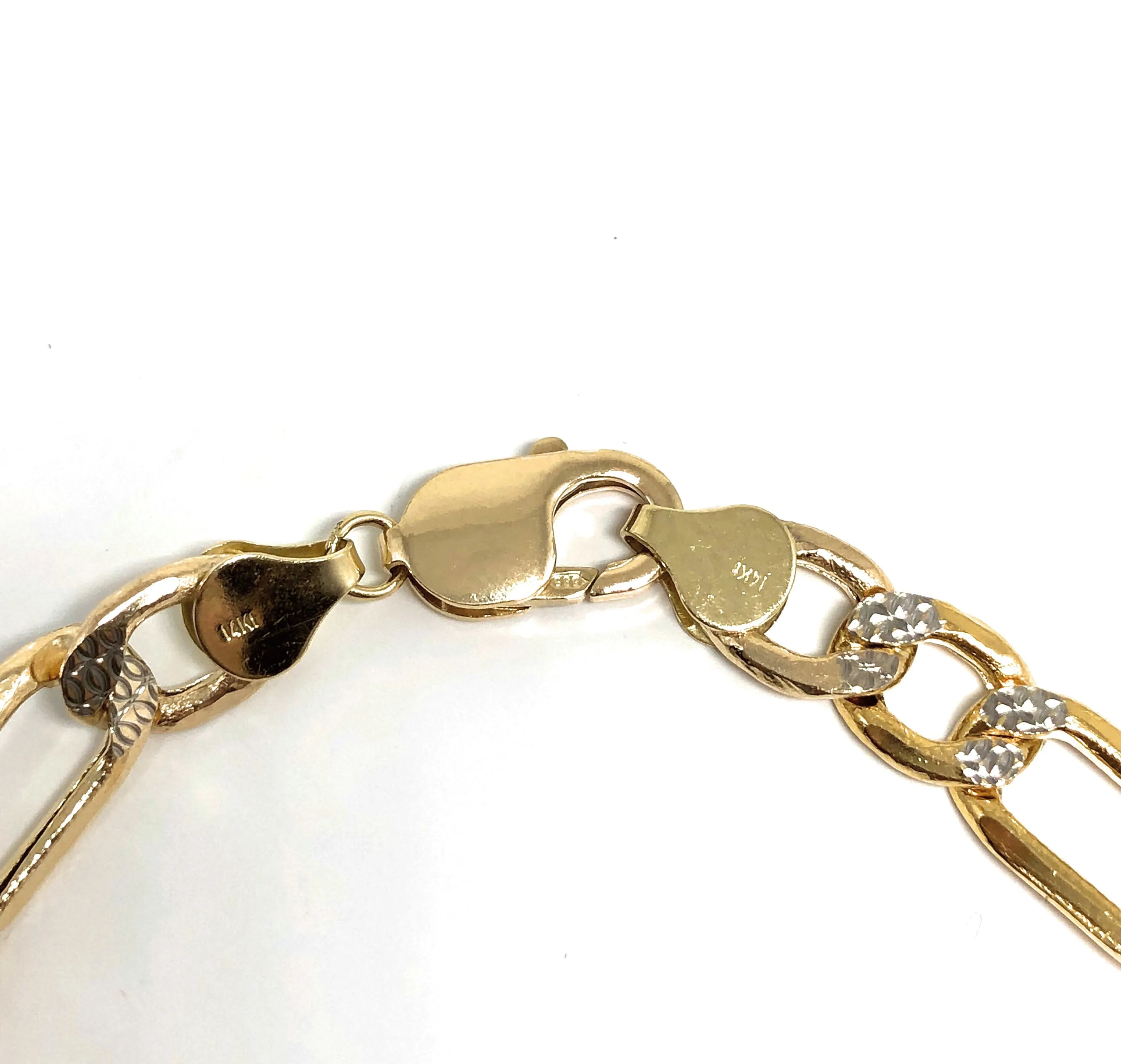 14k Solid Gold Yellow Figaro Diamond Cut (White Gold) Brracelet 8 inch 9mm Width