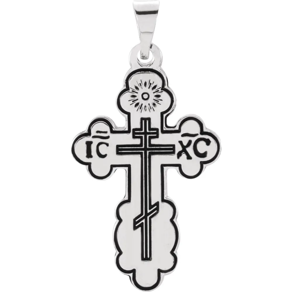 14k White Gold & Black Enamel Eastern Orthodox Cross Pendant