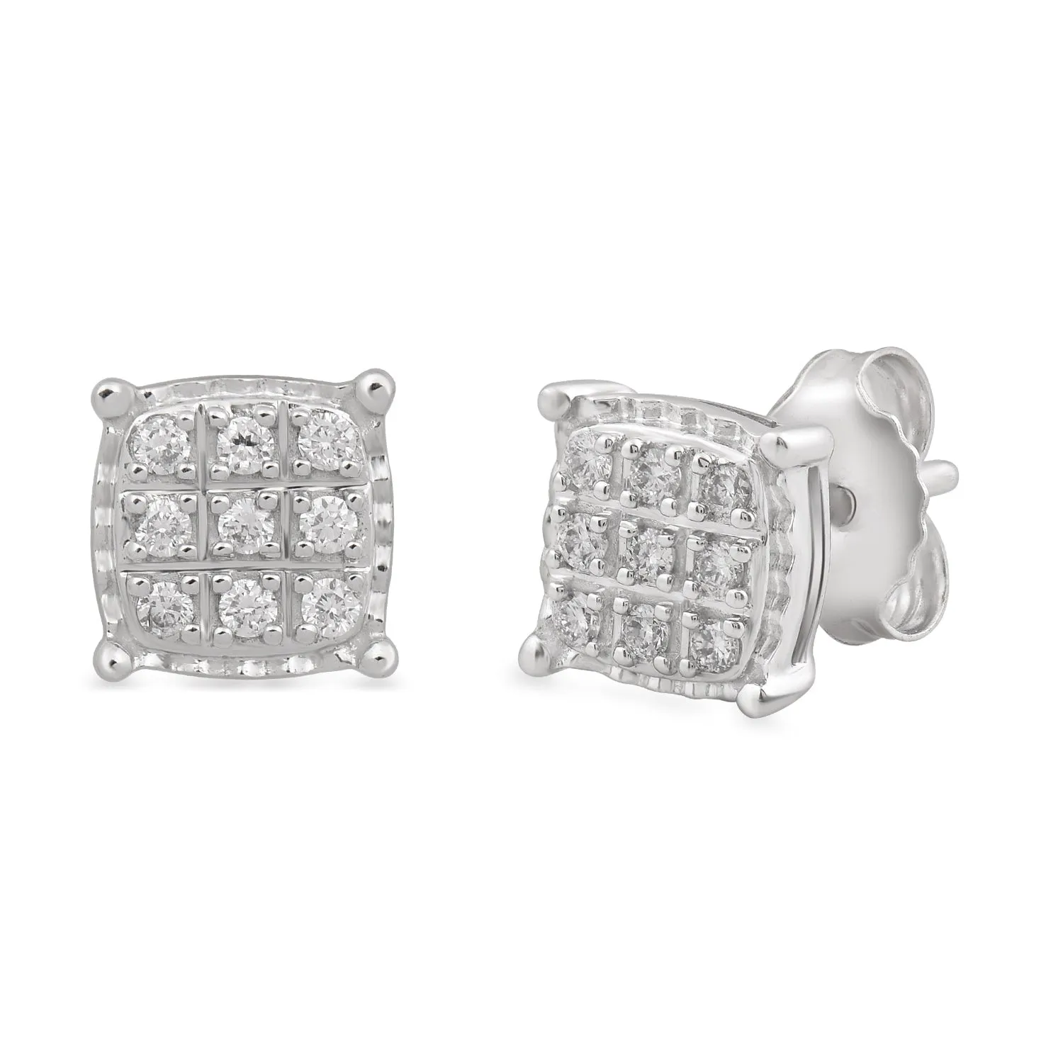 14K White Gold 1/10 Cttw Natural White Round Diamond Square Shape Stud Earrings