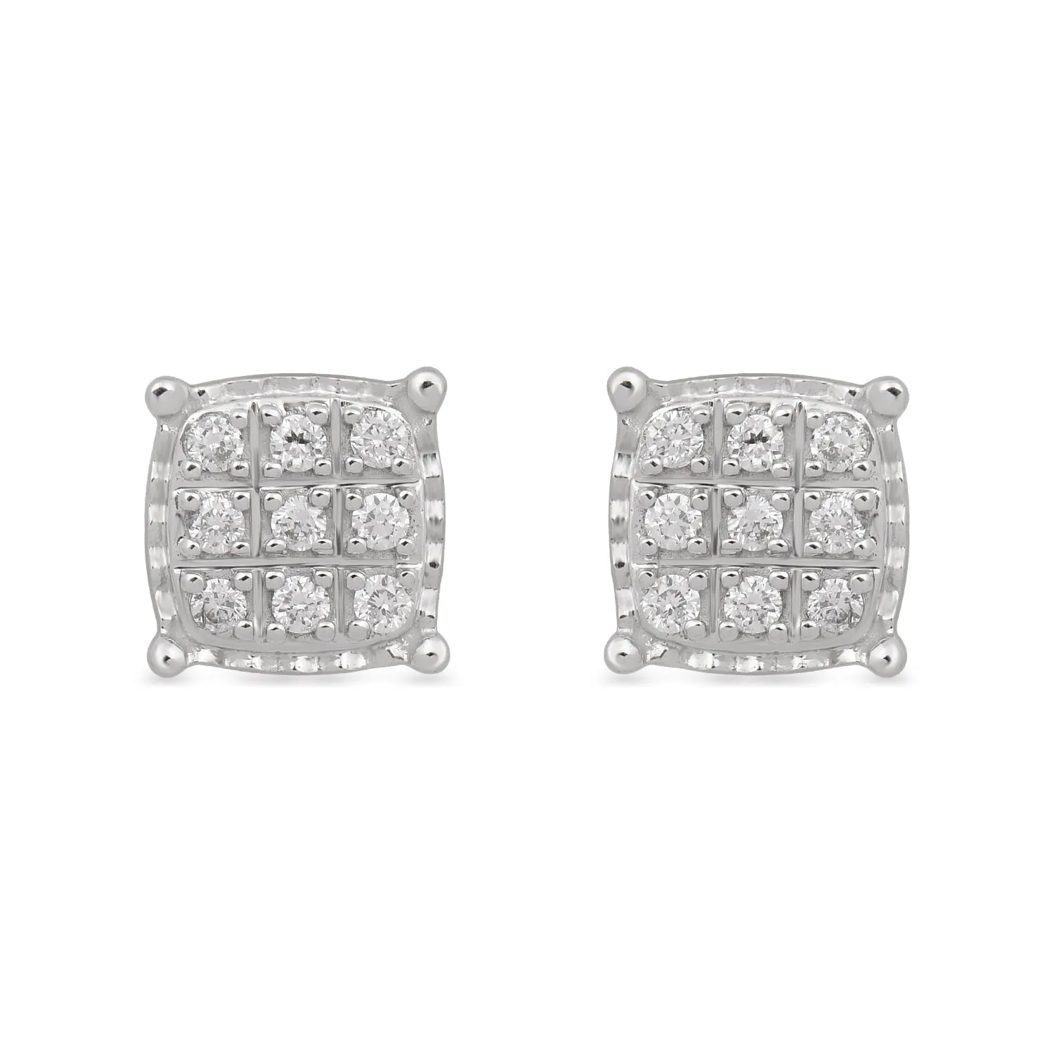 14K White Gold 1/10 Cttw Natural White Round Diamond Square Shape Stud Earrings