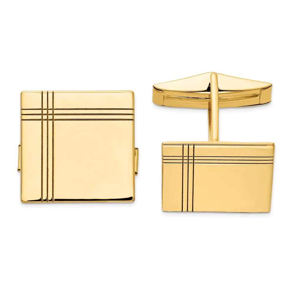 14K Yellow or White Gold Grooved Square Cuff Links, 17mm