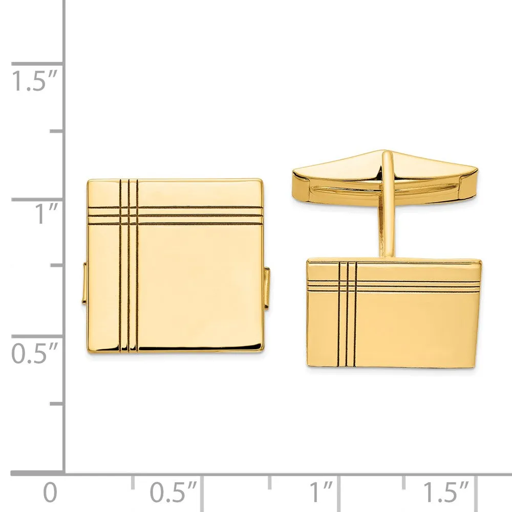 14K Yellow or White Gold Grooved Square Cuff Links, 17mm