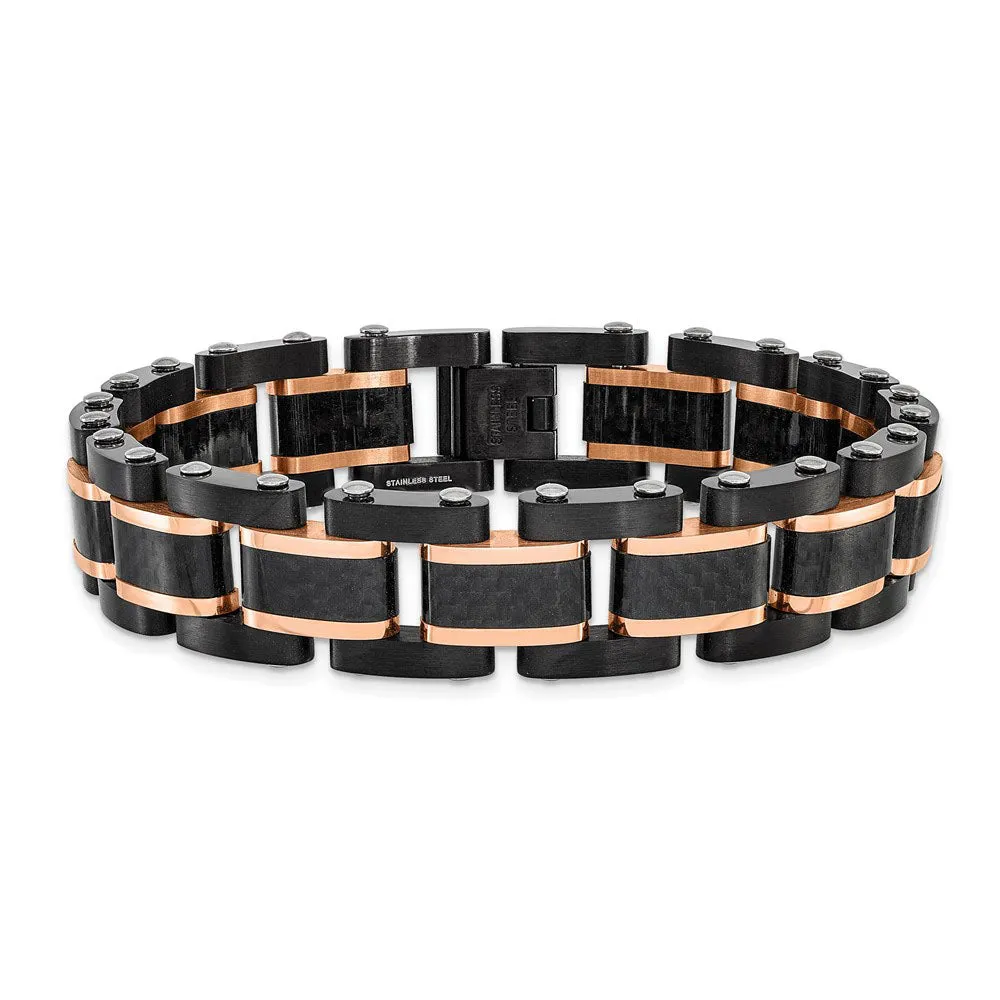 15mm Stainless Steel & Carbon Fiber Multicolor Link Bracelet, 8.5 Inch