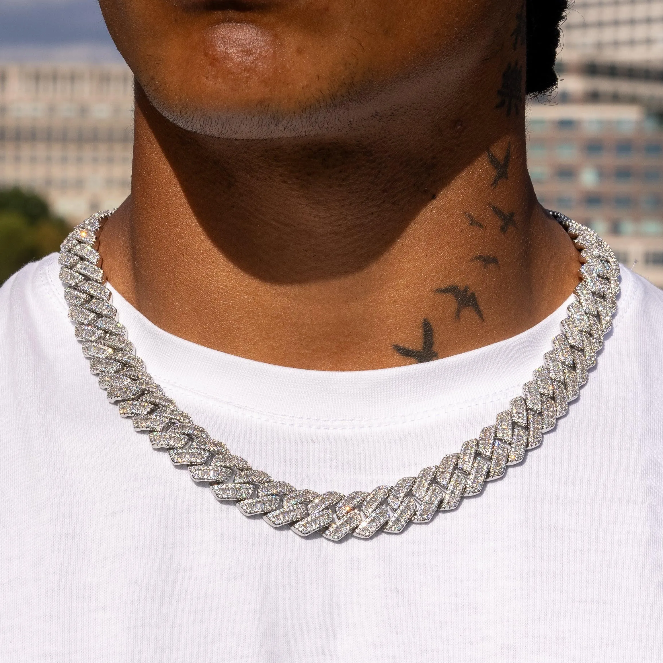 17mm Baguette Prong Link Chain - White Gold