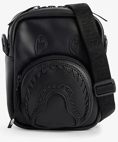 A Bathing Ape Mens Black Shark embroidered leather mini cross-body bag