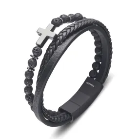 Achilles Cross Mens Leather Bracelet Black