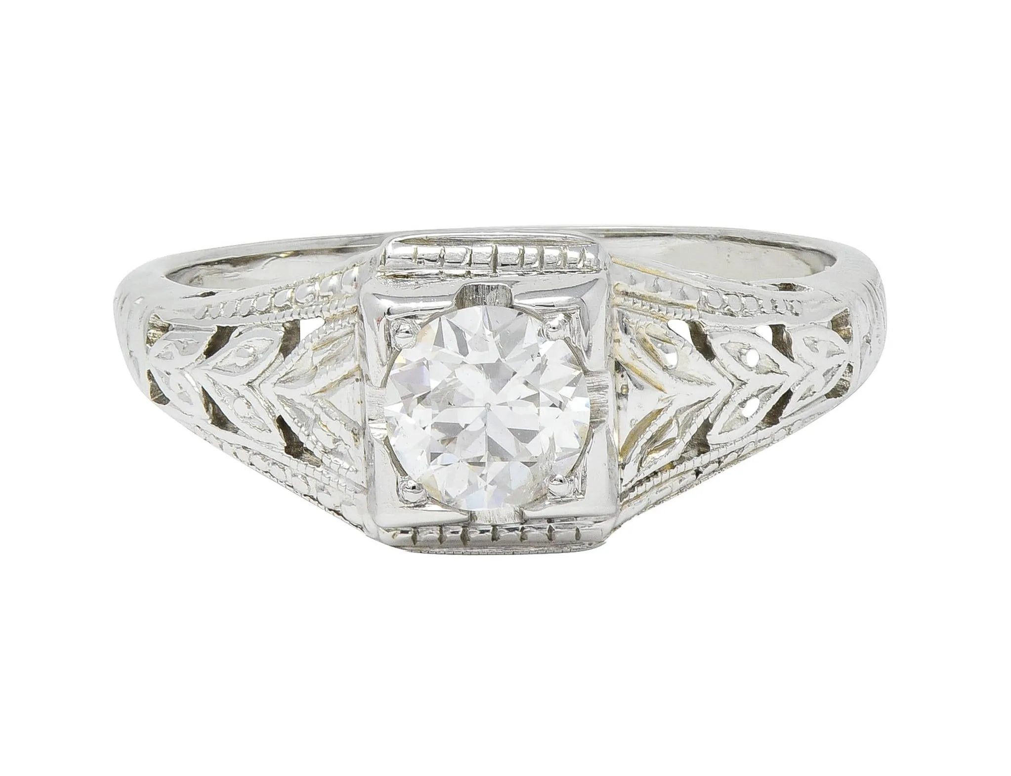 Art Deco 0.38 CTW Old European Cut Diamond 18 Karat White Gold Foliate Solitaire Antique Engagement Ring