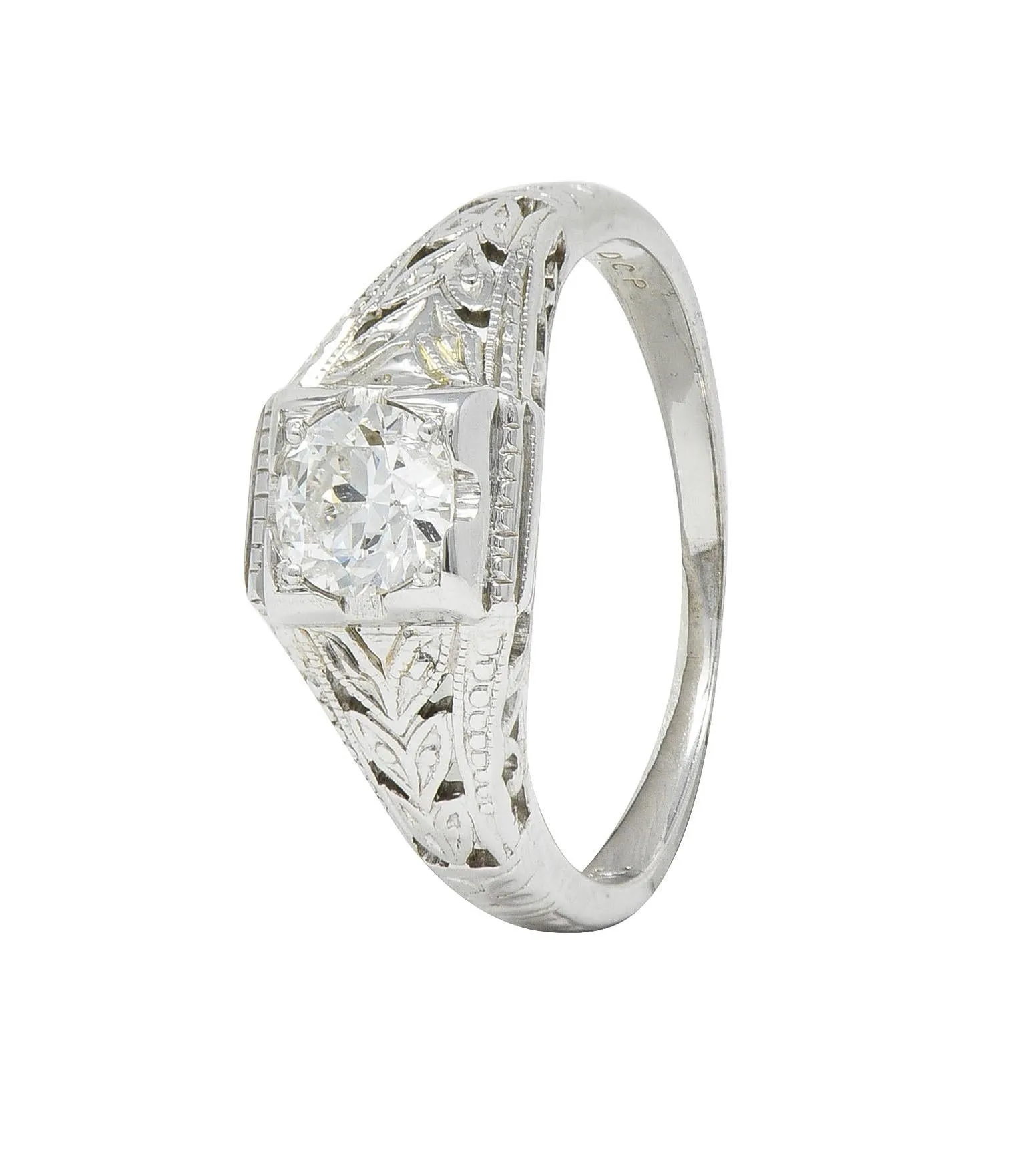 Art Deco 0.38 CTW Old European Cut Diamond 18 Karat White Gold Foliate Solitaire Antique Engagement Ring