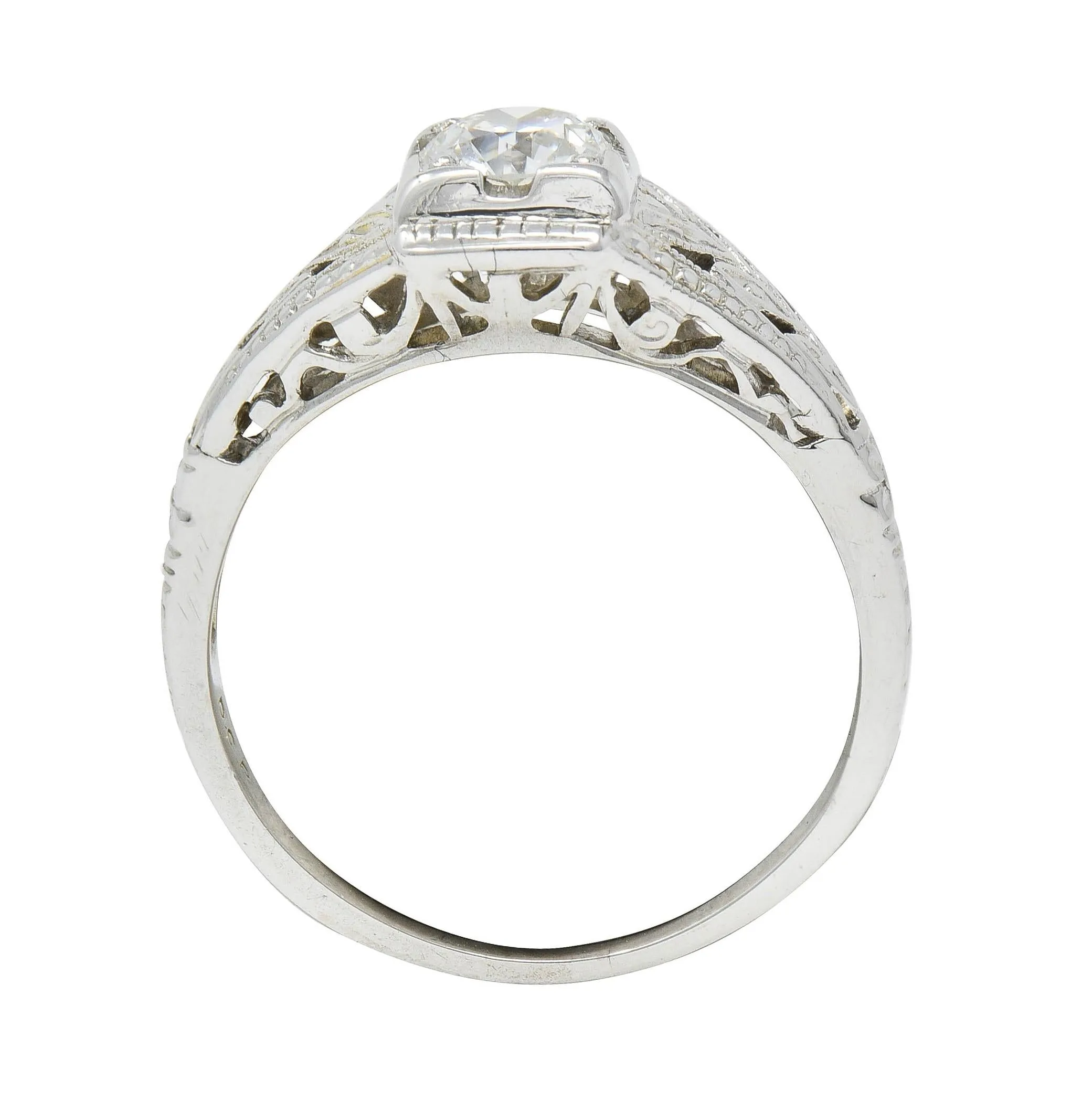 Art Deco 0.38 CTW Old European Cut Diamond 18 Karat White Gold Foliate Solitaire Antique Engagement Ring