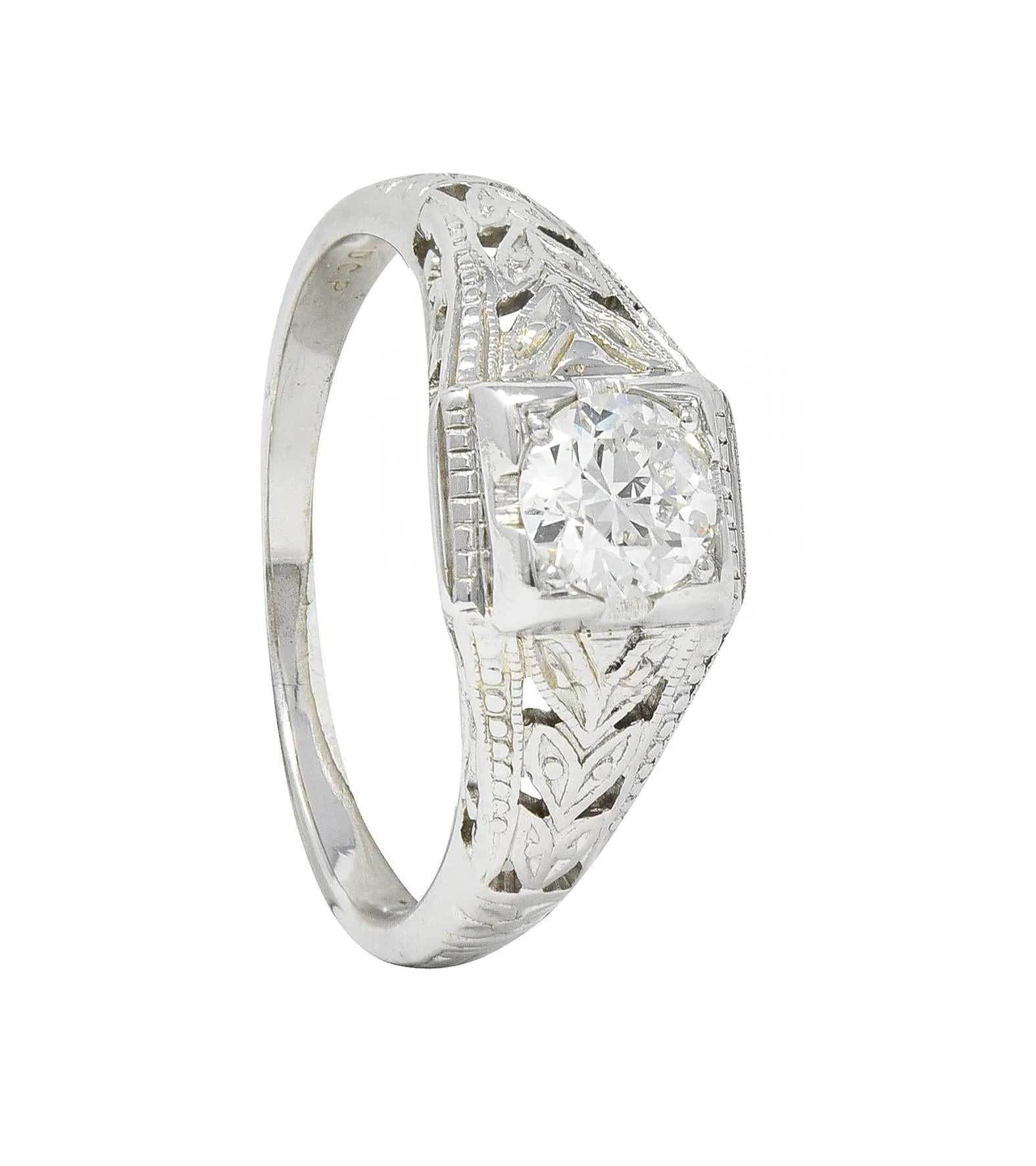 Art Deco 0.38 CTW Old European Cut Diamond 18 Karat White Gold Foliate Solitaire Antique Engagement Ring