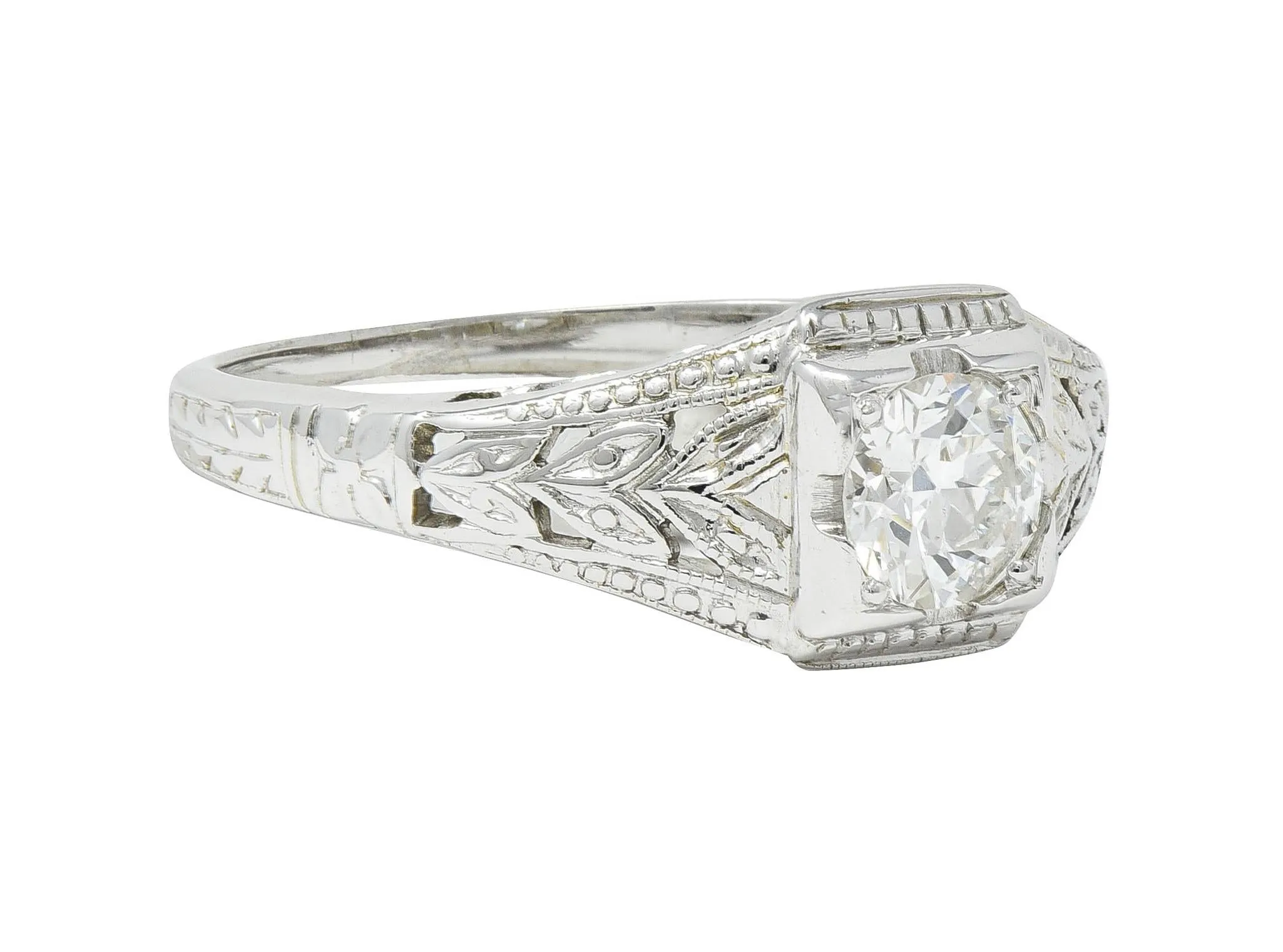 Art Deco 0.38 CTW Old European Cut Diamond 18 Karat White Gold Foliate Solitaire Antique Engagement Ring