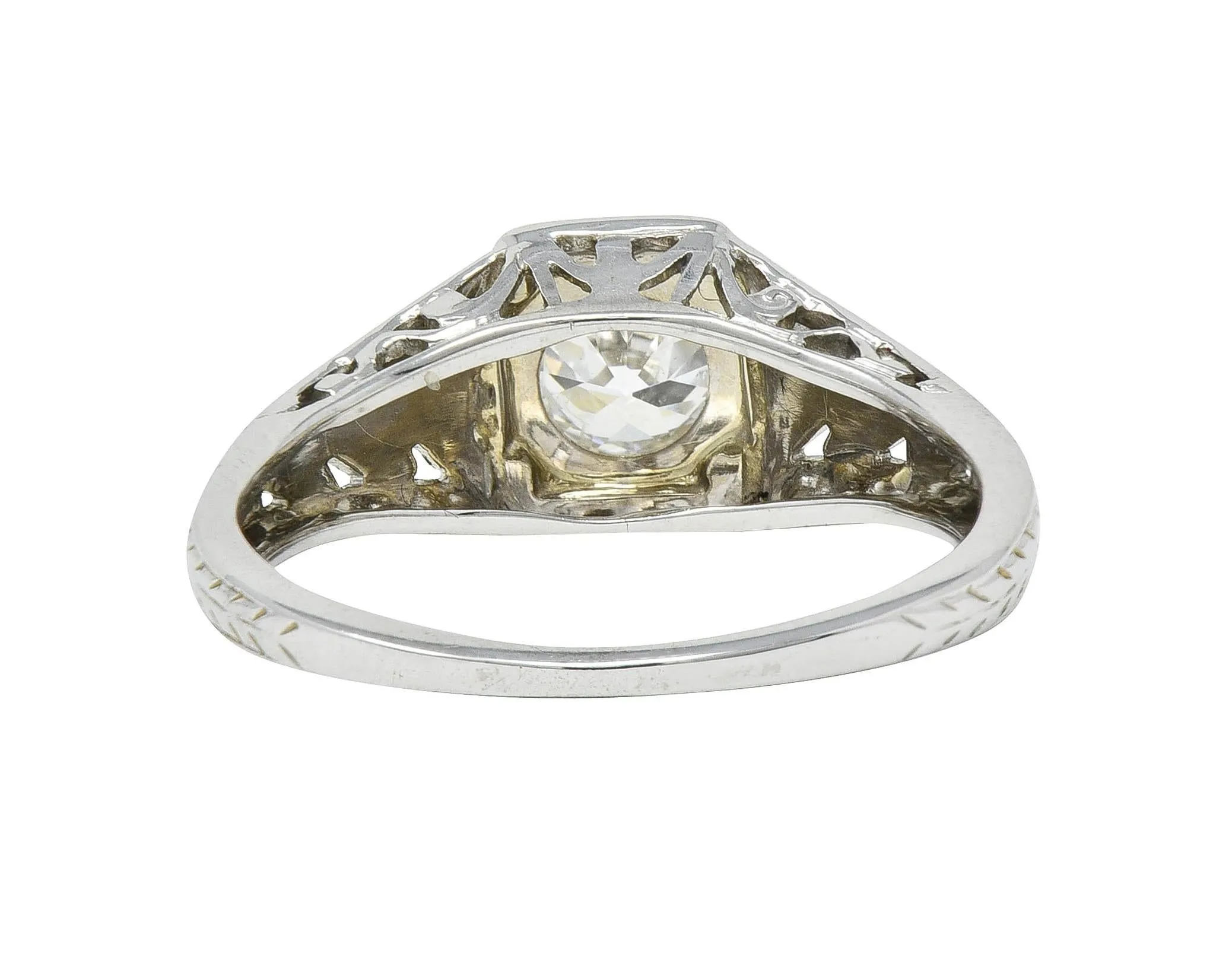 Art Deco 0.38 CTW Old European Cut Diamond 18 Karat White Gold Foliate Solitaire Antique Engagement Ring