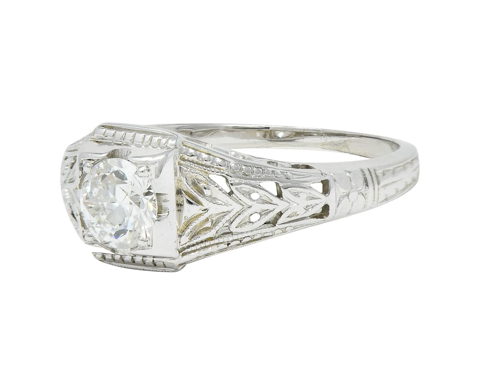 Art Deco 0.38 CTW Old European Cut Diamond 18 Karat White Gold Foliate Solitaire Antique Engagement Ring