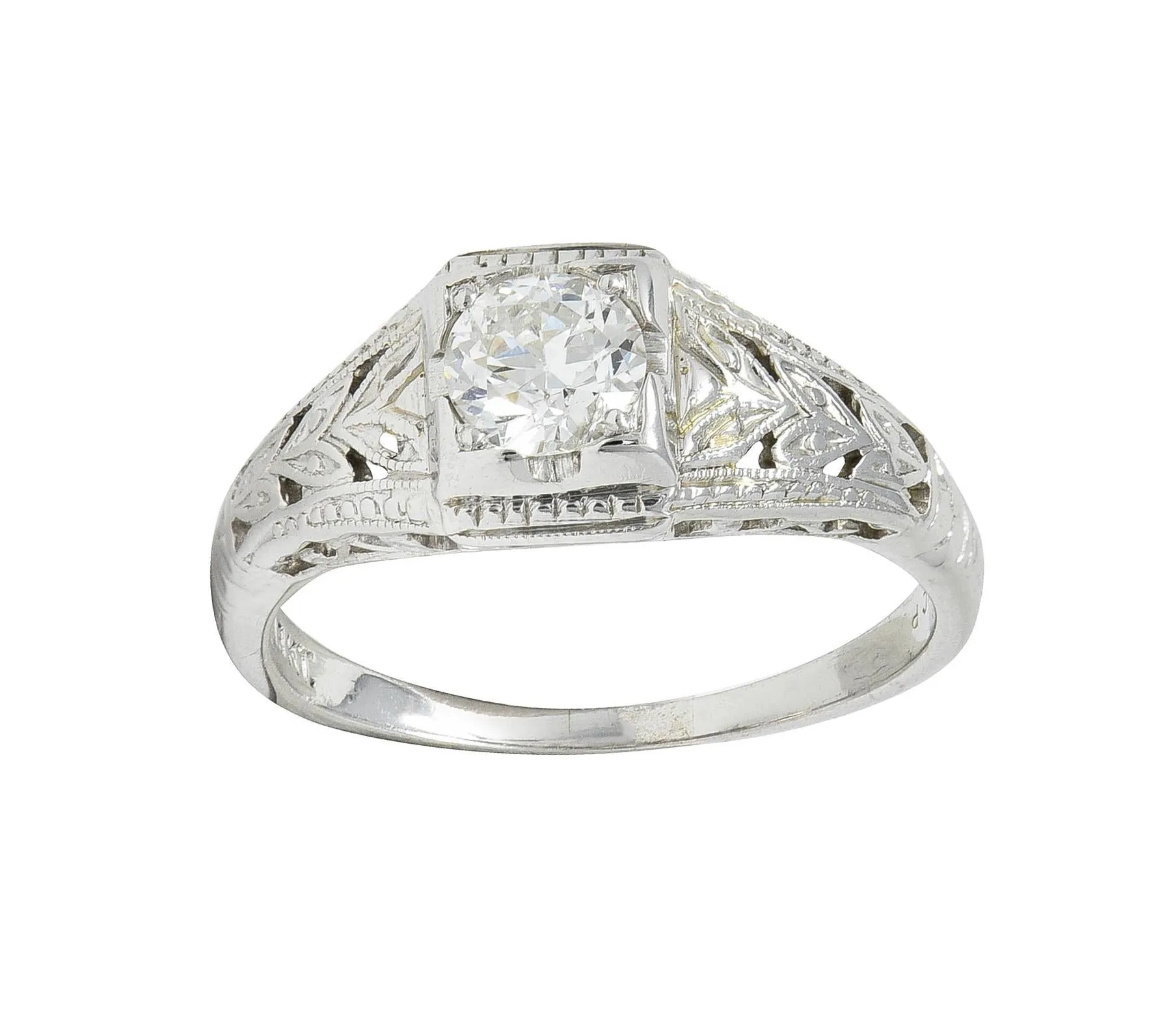 Art Deco 0.38 CTW Old European Cut Diamond 18 Karat White Gold Foliate Solitaire Antique Engagement Ring