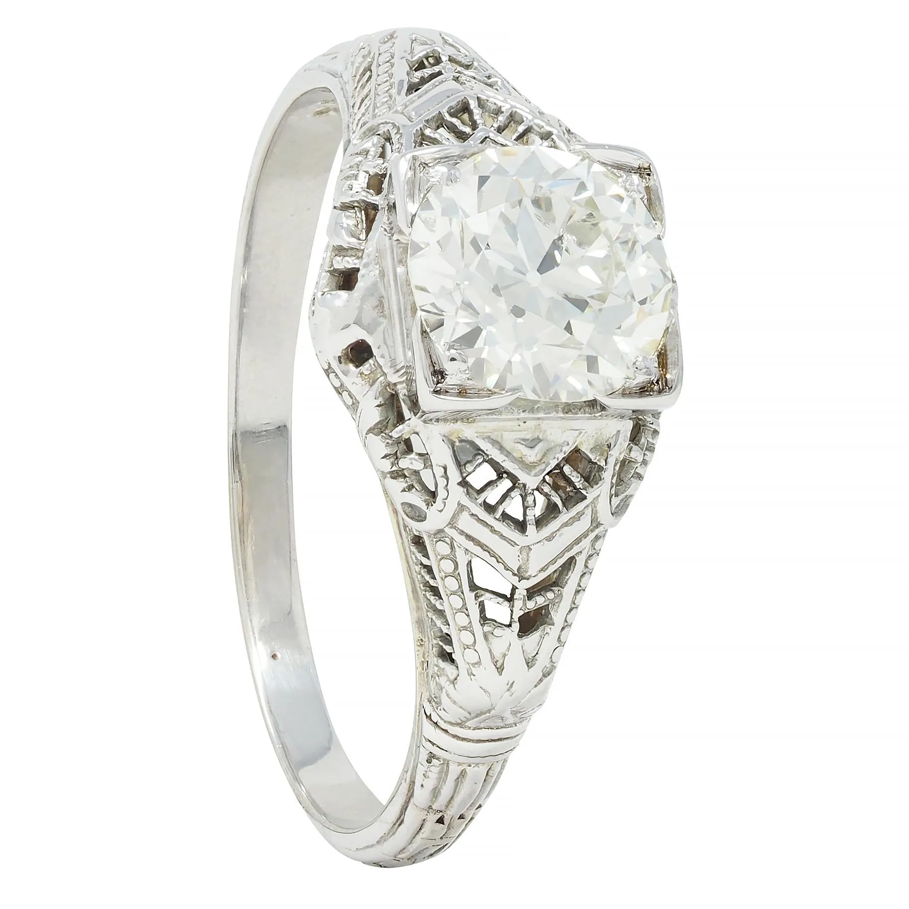 Art Deco 1.01 CTW European Diamond 18 Karat White Gold Antique Engagement Ring