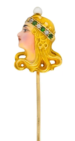 Art Nouveau Enamel Diamond Emerald Pearl 14 Karat Gold Queen Stickpin