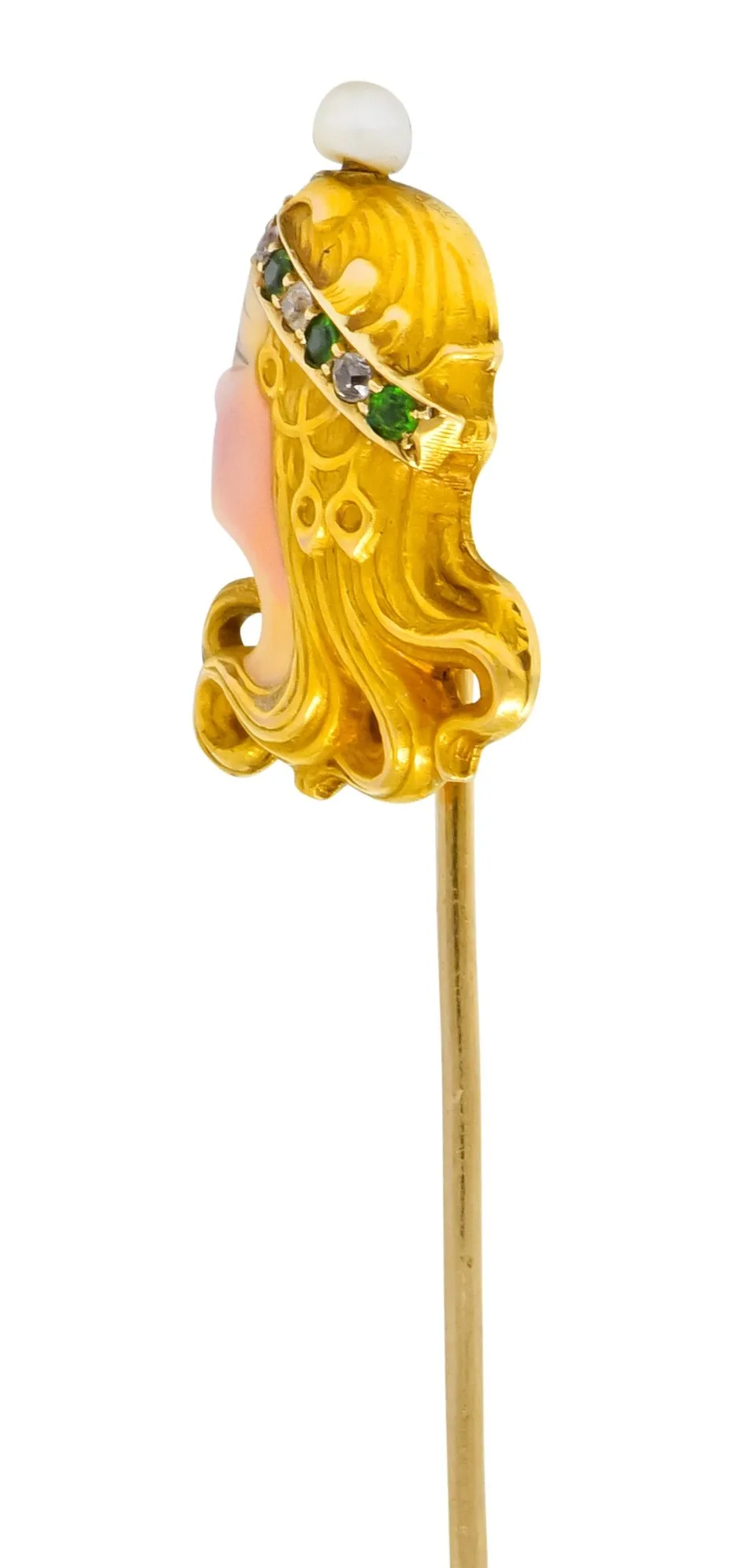 Art Nouveau Enamel Diamond Emerald Pearl 14 Karat Gold Queen Stickpin