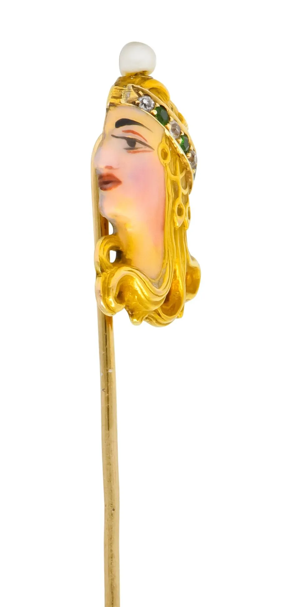 Art Nouveau Enamel Diamond Emerald Pearl 14 Karat Gold Queen Stickpin