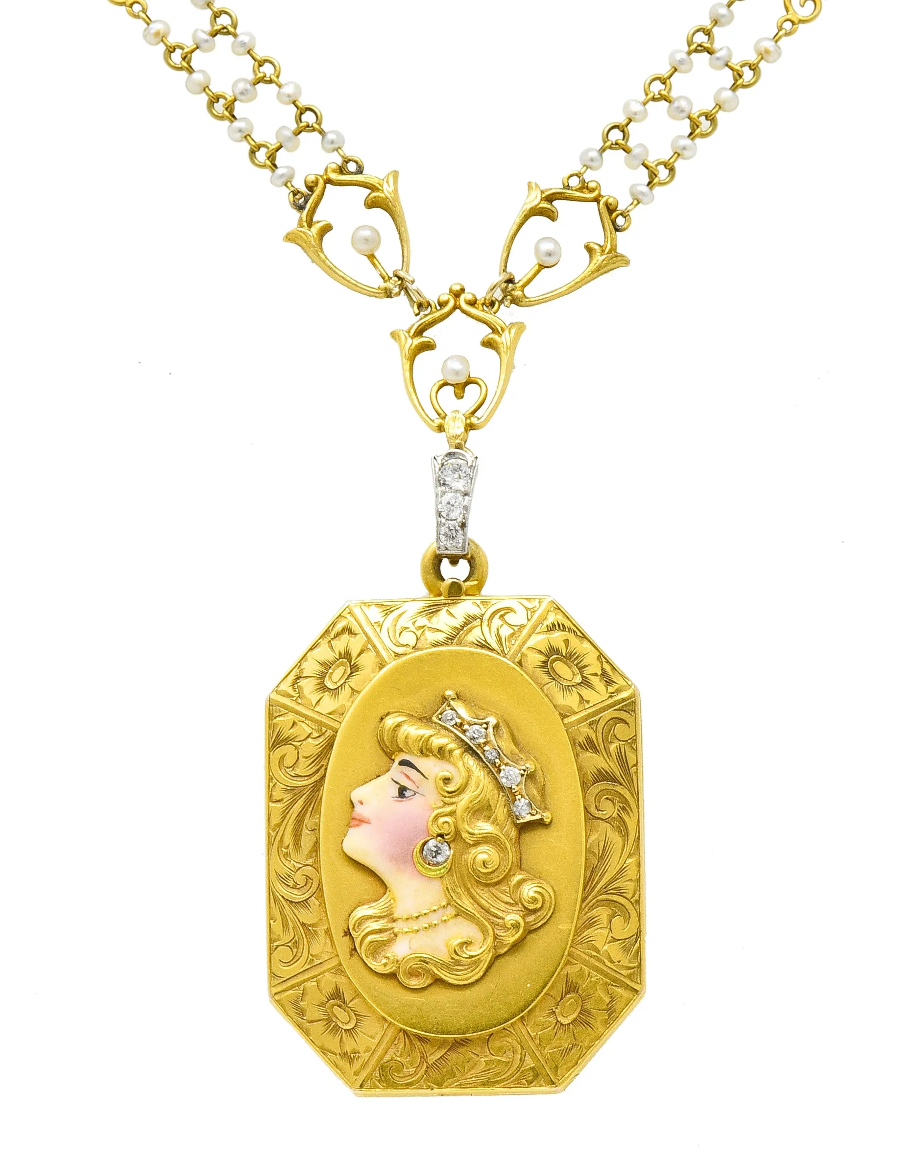 Art Nouveau Enamel Diamond Pearl 14 Karat Gold Princess Locket Necklace