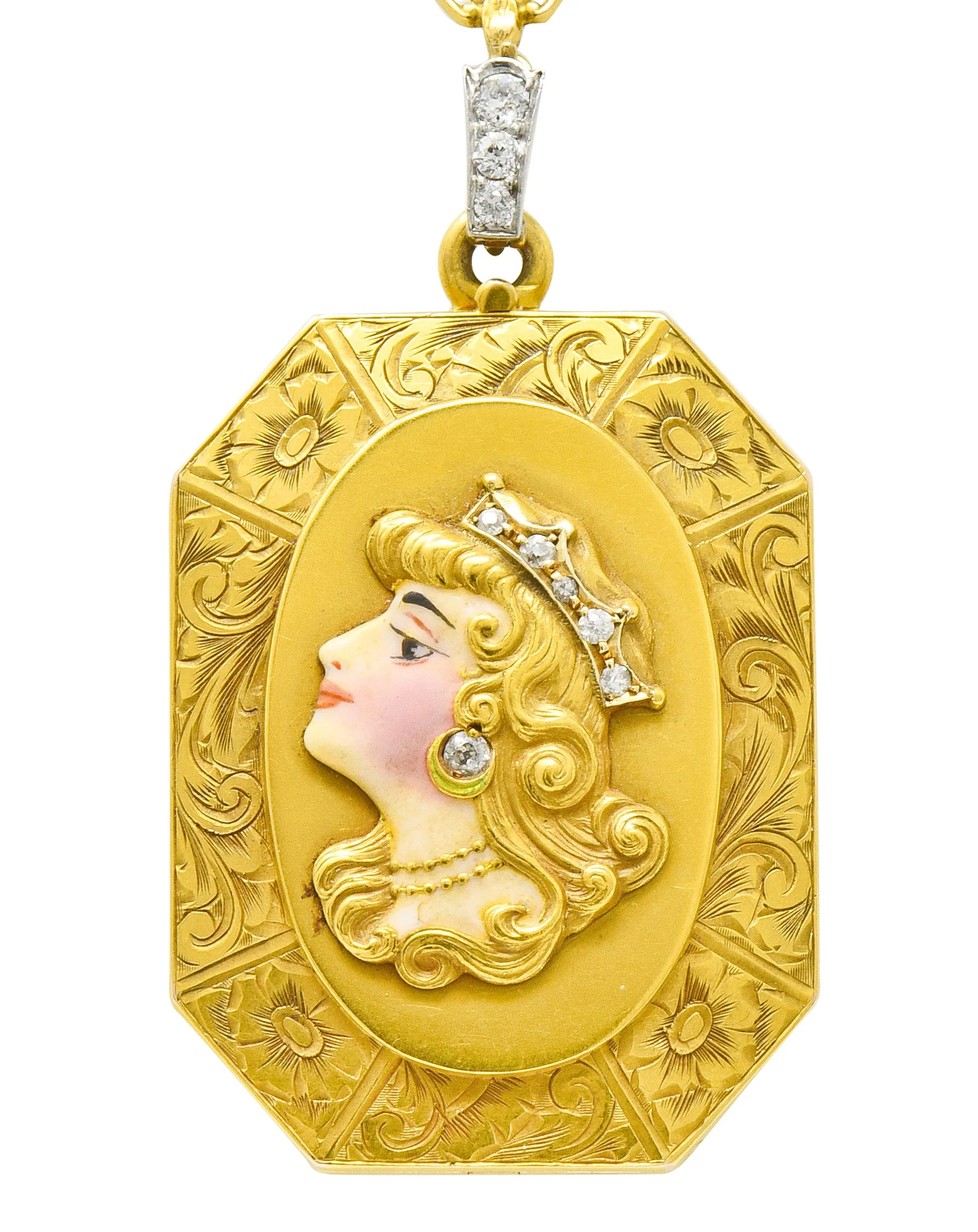 Art Nouveau Enamel Diamond Pearl 14 Karat Gold Princess Locket Necklace