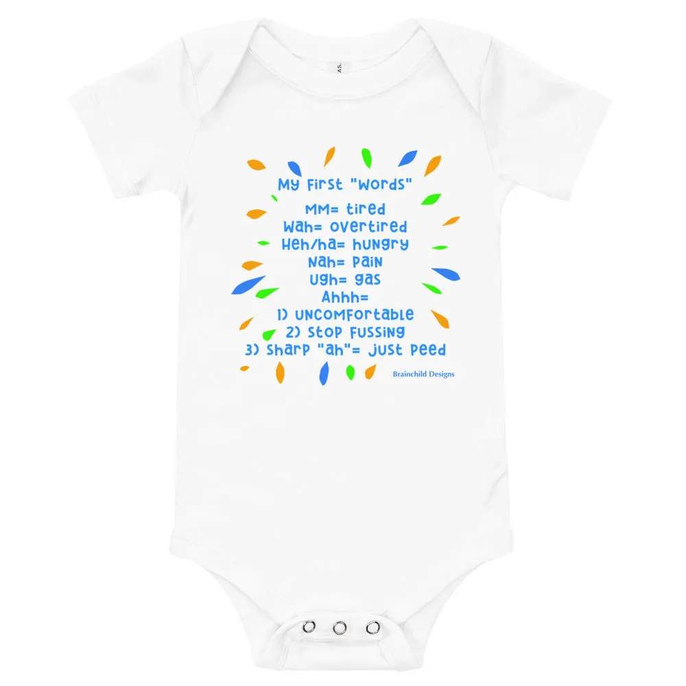 Baby Language Onesie - Blue Writing