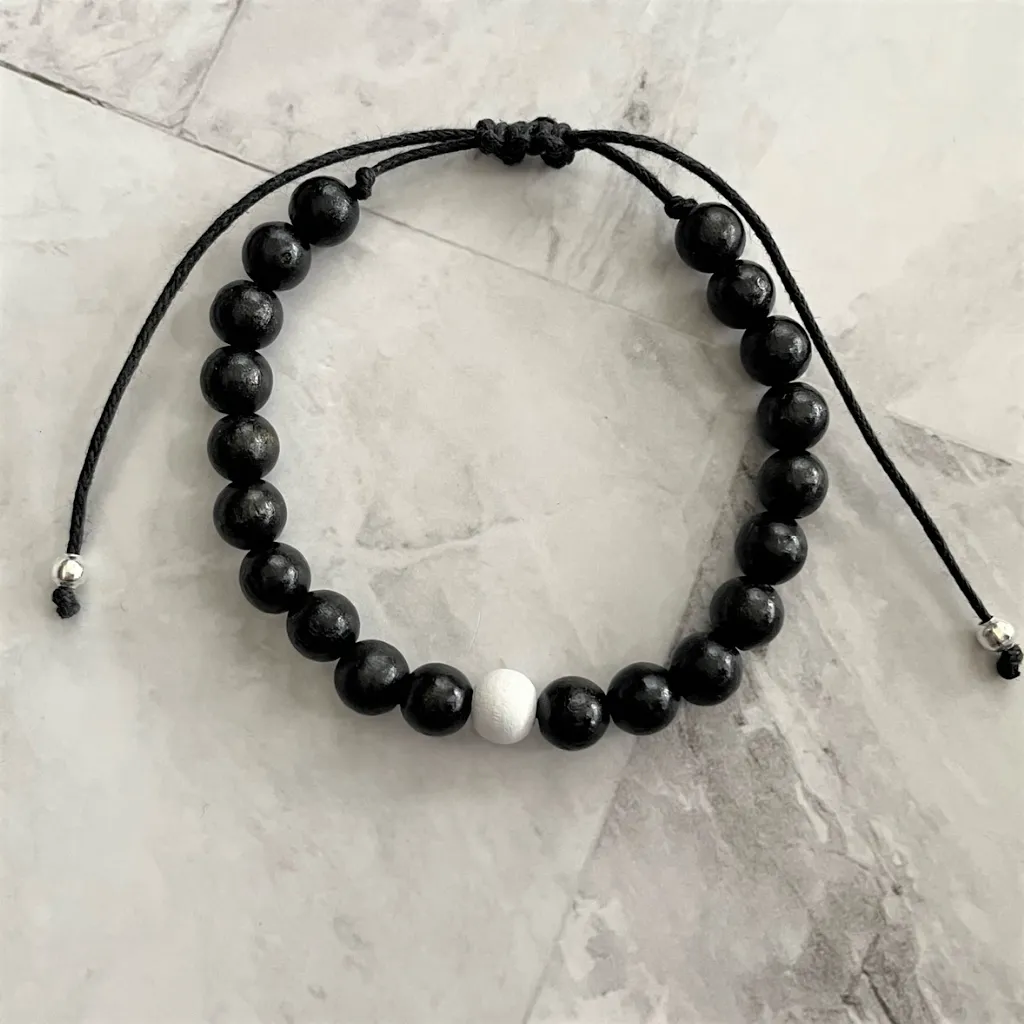 Black and White Mens Wood Beaded Adjustable Bracelet