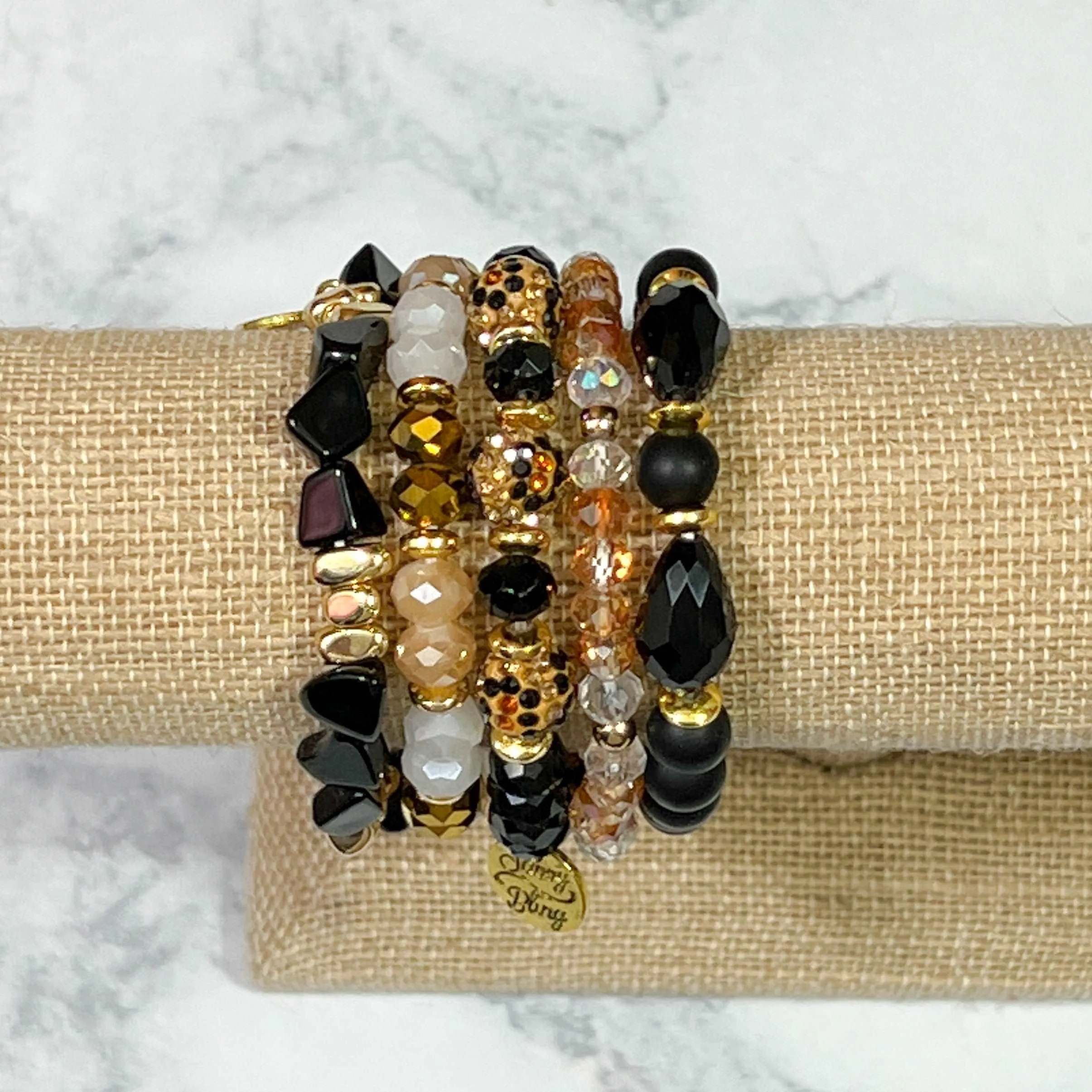 Black Gold Tan Leo Beaded Bracelet Stack