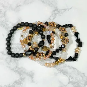 Black Gold Tan Leo Beaded Bracelet Stack