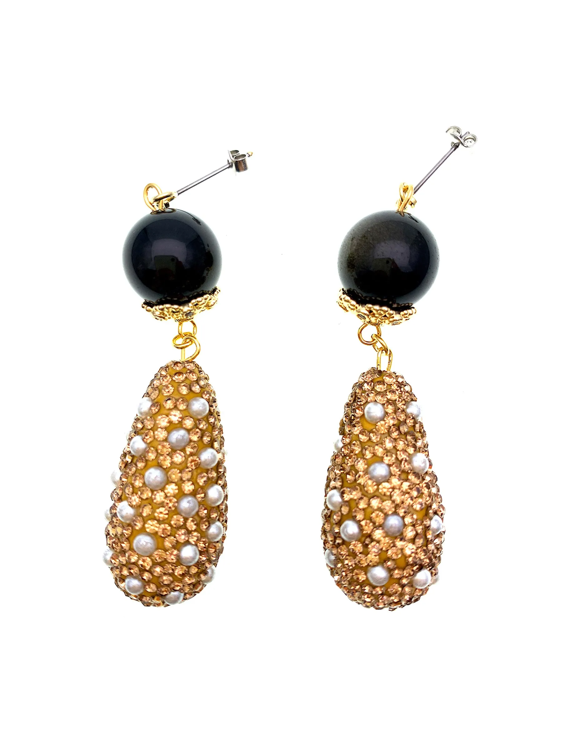 Black Obsidian With Rhinestones Dangle Earrings FE022