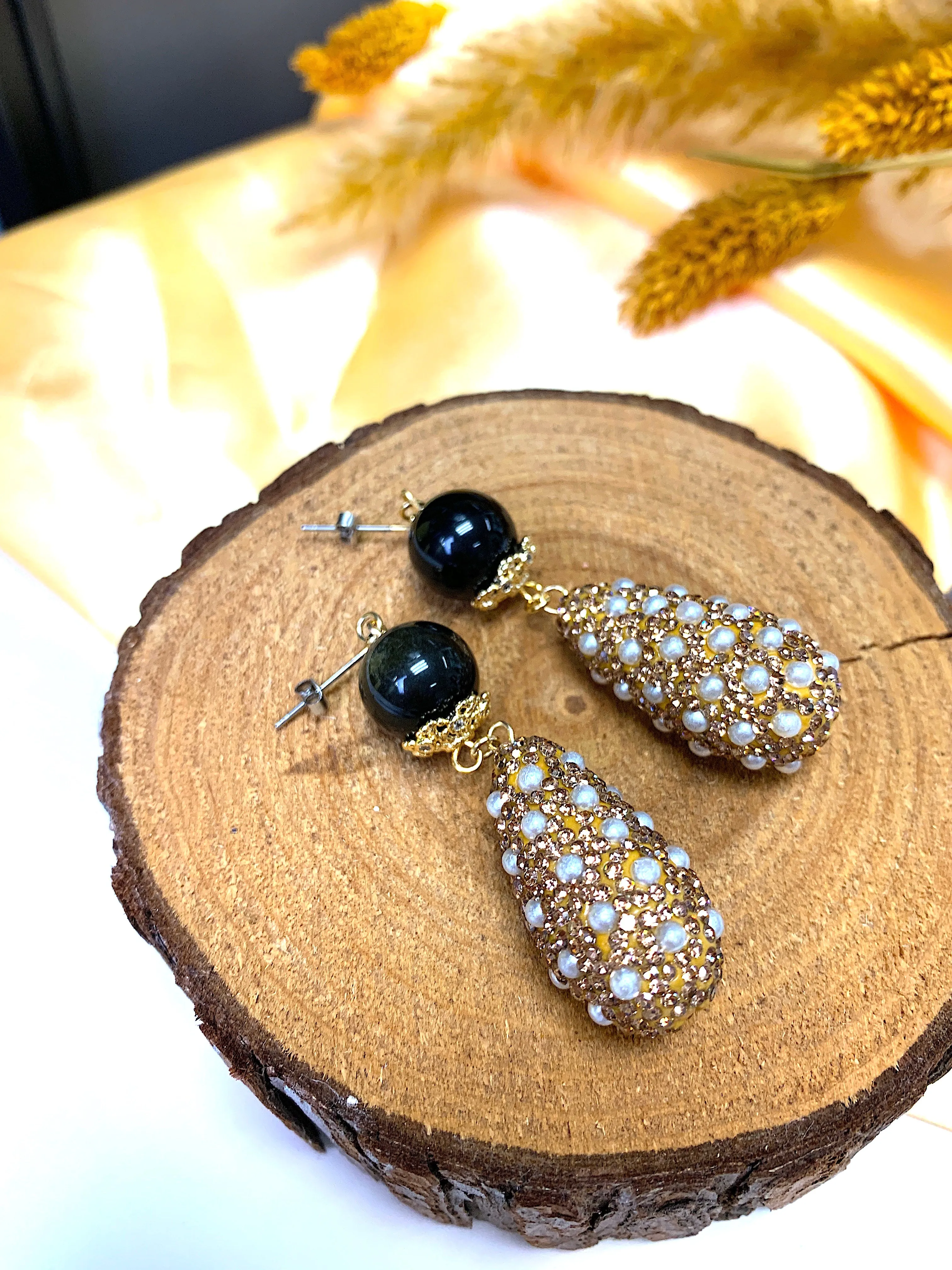 Black Obsidian With Rhinestones Dangle Earrings FE022