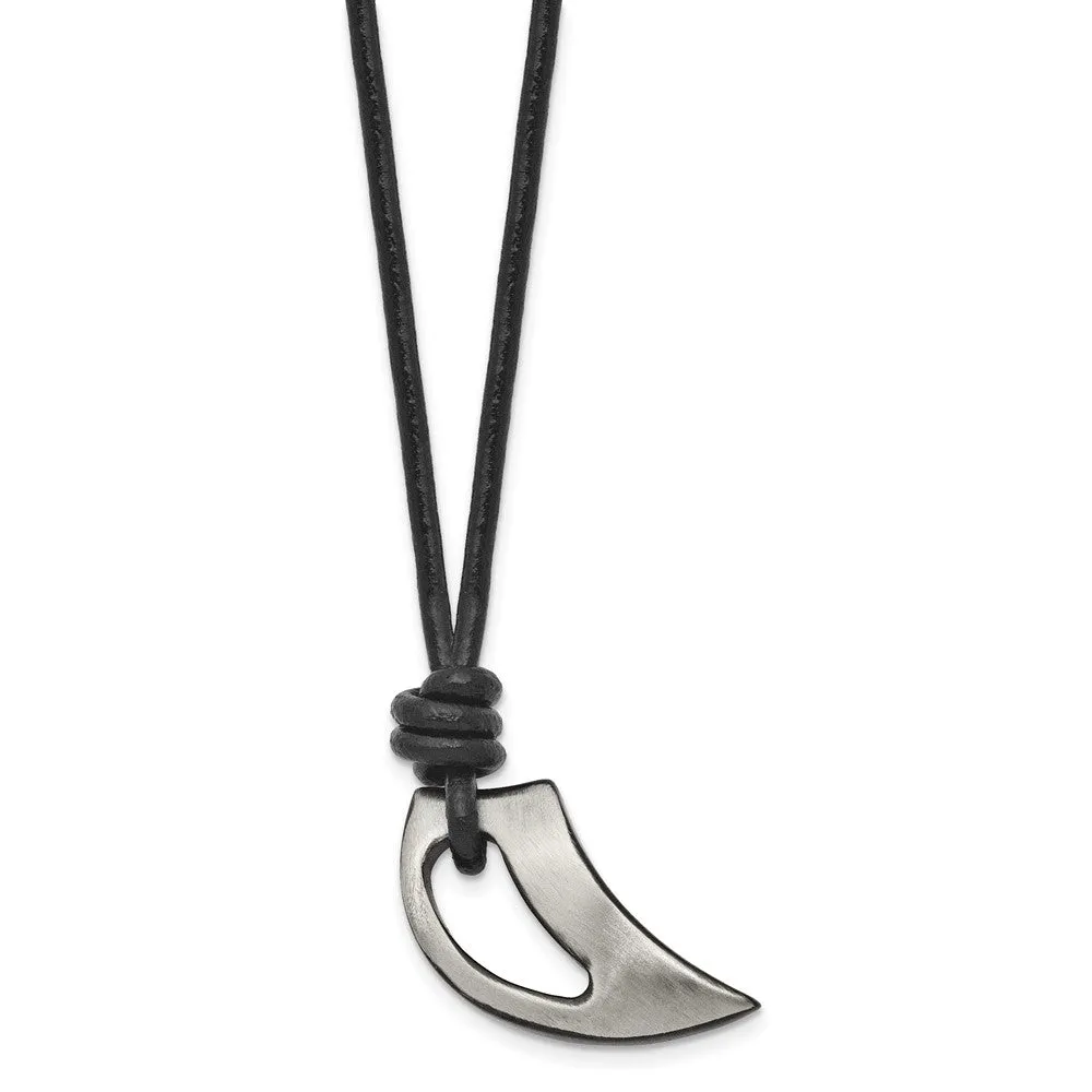 Black Plated Stainless Steel & Leather Brushed Claw Necklace, 20 Inch