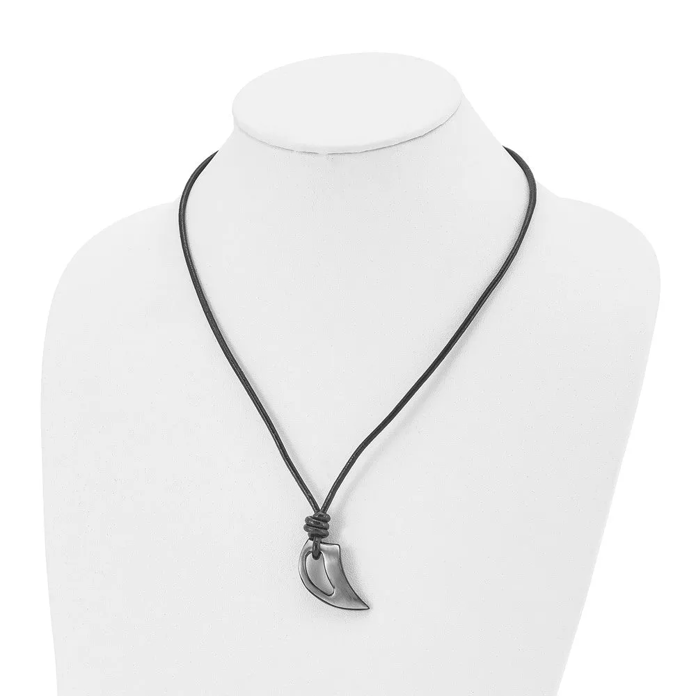 Black Plated Stainless Steel & Leather Brushed Claw Necklace, 20 Inch