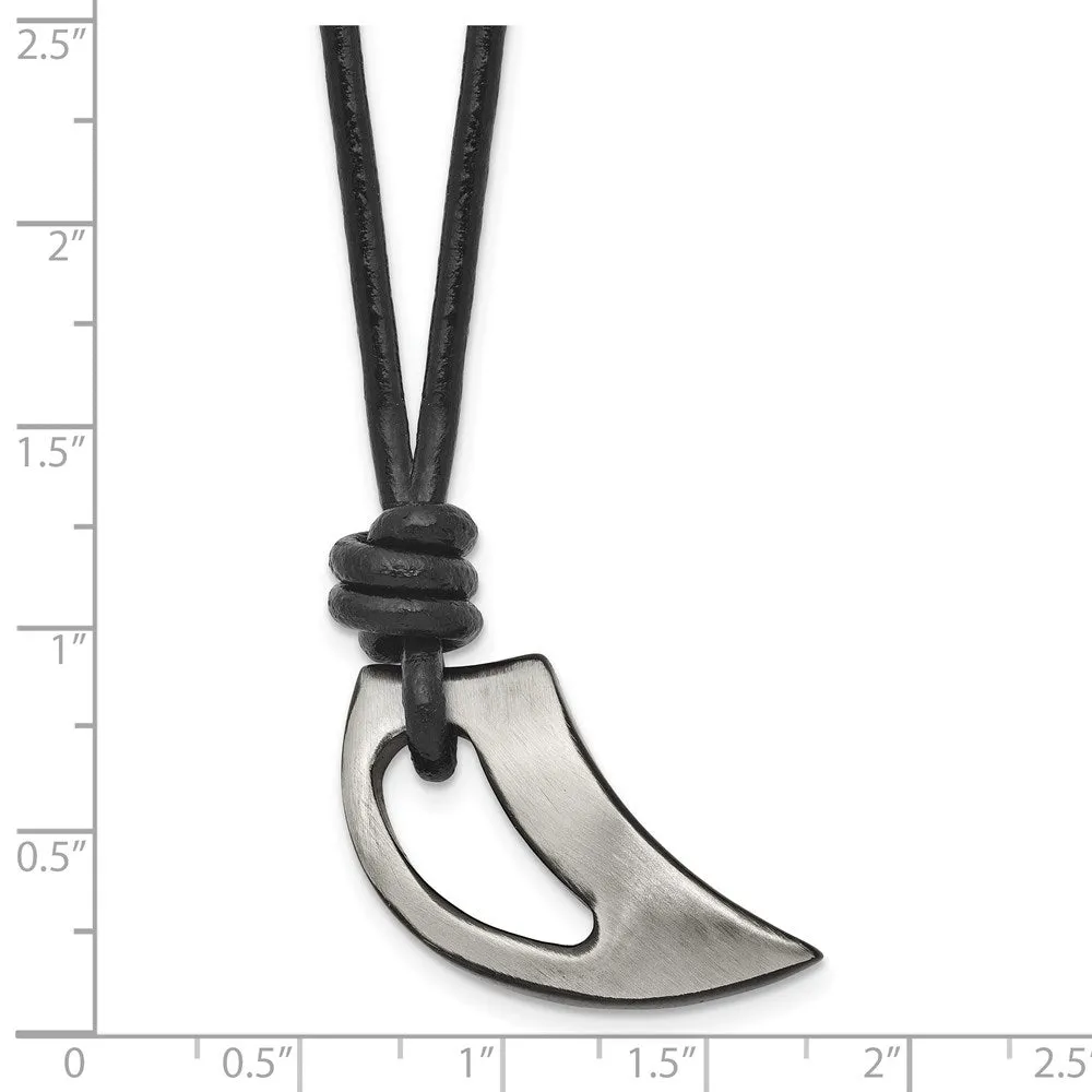 Black Plated Stainless Steel & Leather Brushed Claw Necklace, 20 Inch