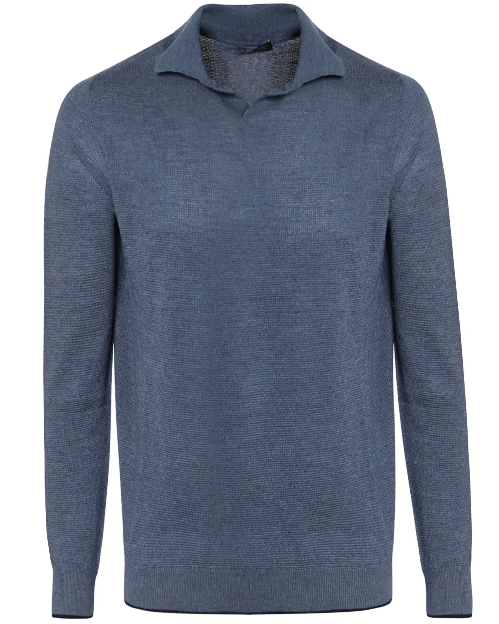 Blue Cashmere Blend Textured Long Sleeve Polo