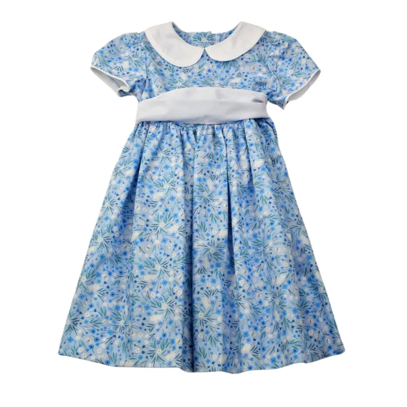 Blue Spring Floral Waistline Dress