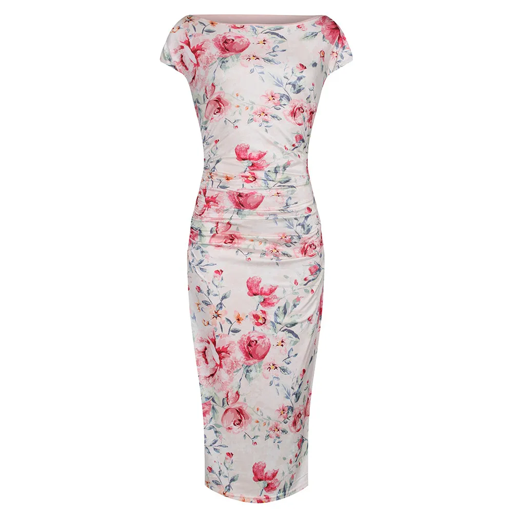 Cream Pink Floral Print 40s Style Cap Sleeve Slinky Pencil Wiggle Dress