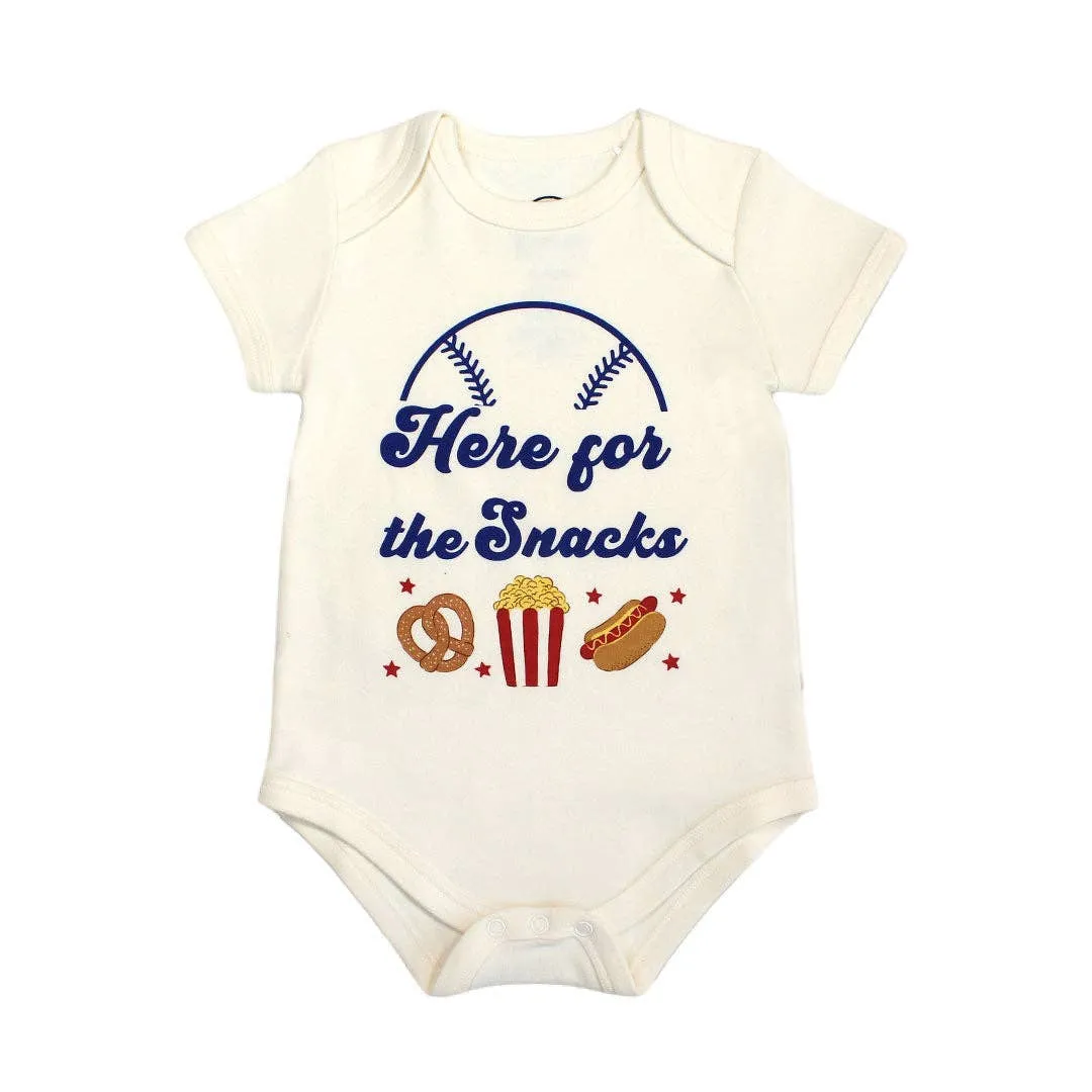 Emerson and Friends - Here For the Snacks Baseball Cotton Baby Onesie Foodie Gift: White/Multi / 3-6M