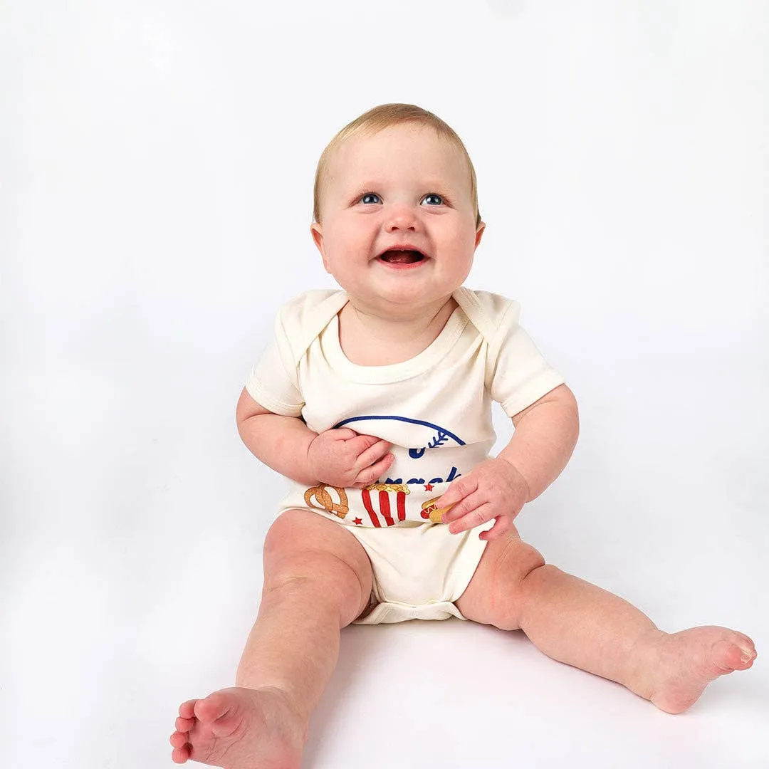 Emerson and Friends - Here For the Snacks Baseball Cotton Baby Onesie Foodie Gift: White/Multi / 3-6M