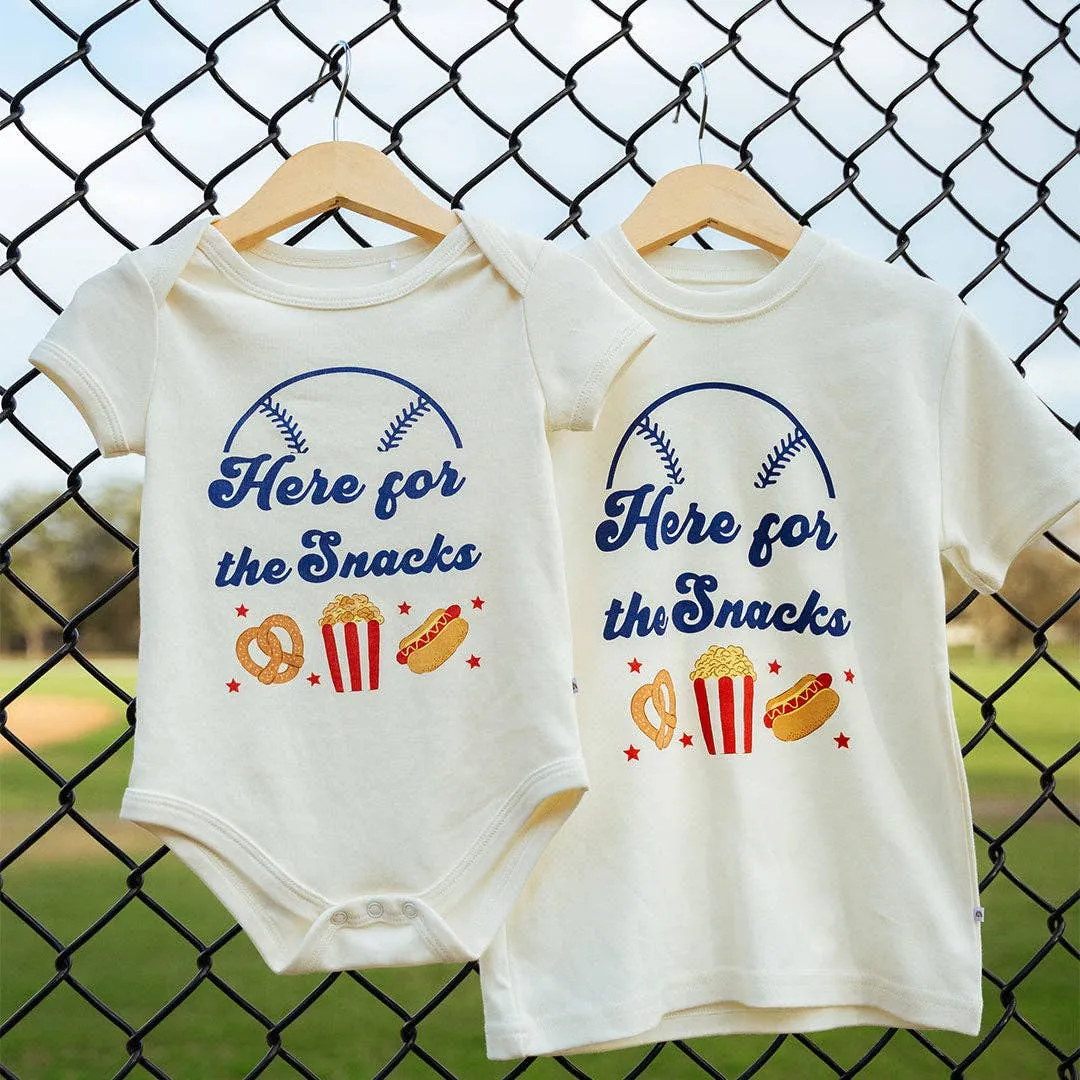 Emerson and Friends - Here For the Snacks Baseball Cotton Baby Onesie Foodie Gift: White/Multi / 3-6M