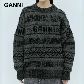 Ganni  |Casual Style Street Style Cotton Logo V-neck & Crew neck