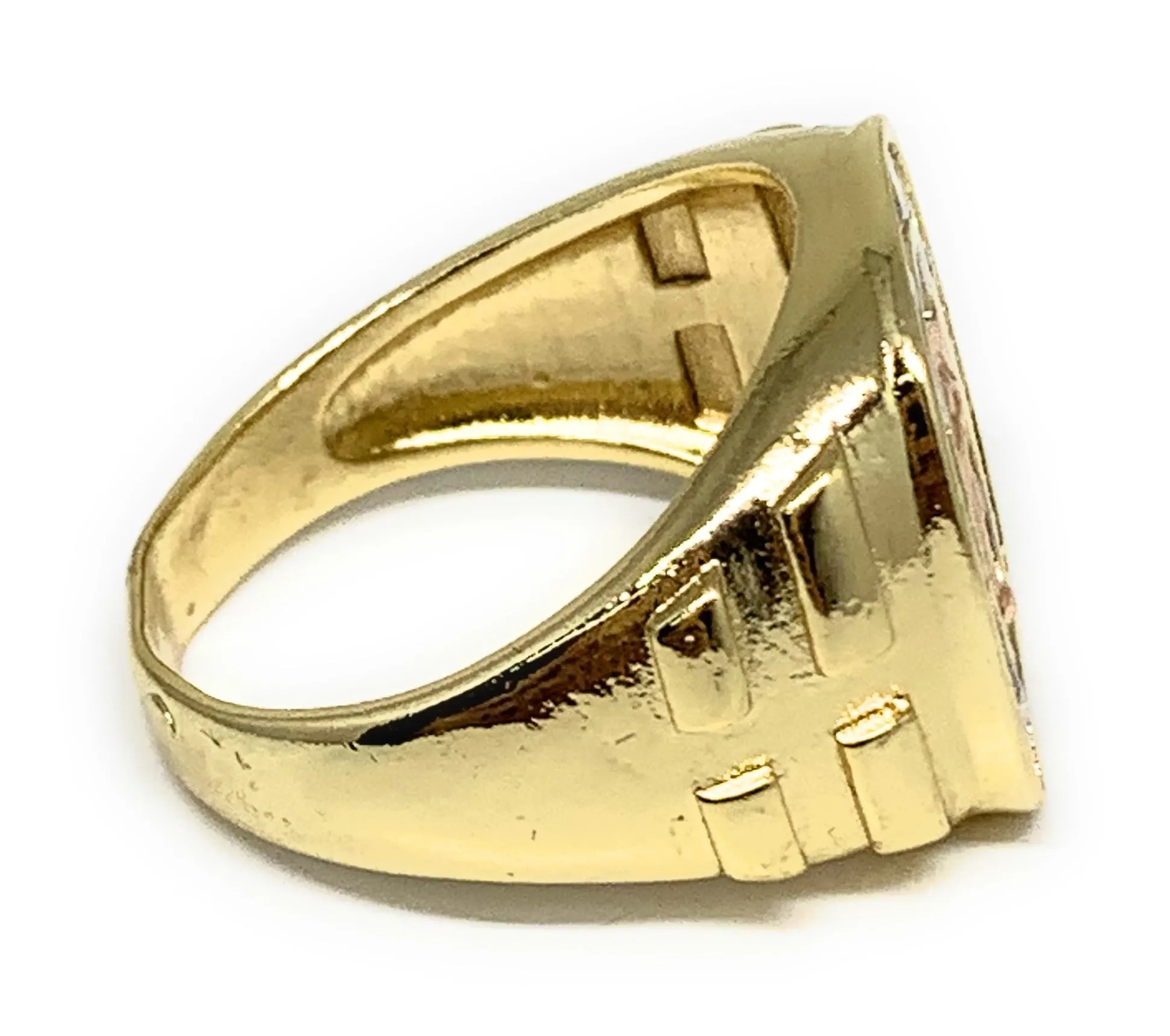 Gold Plated Men's Tri-Color Virgin Mary Horseshoe CZ Ring Virgen De Guadalupe Anillo